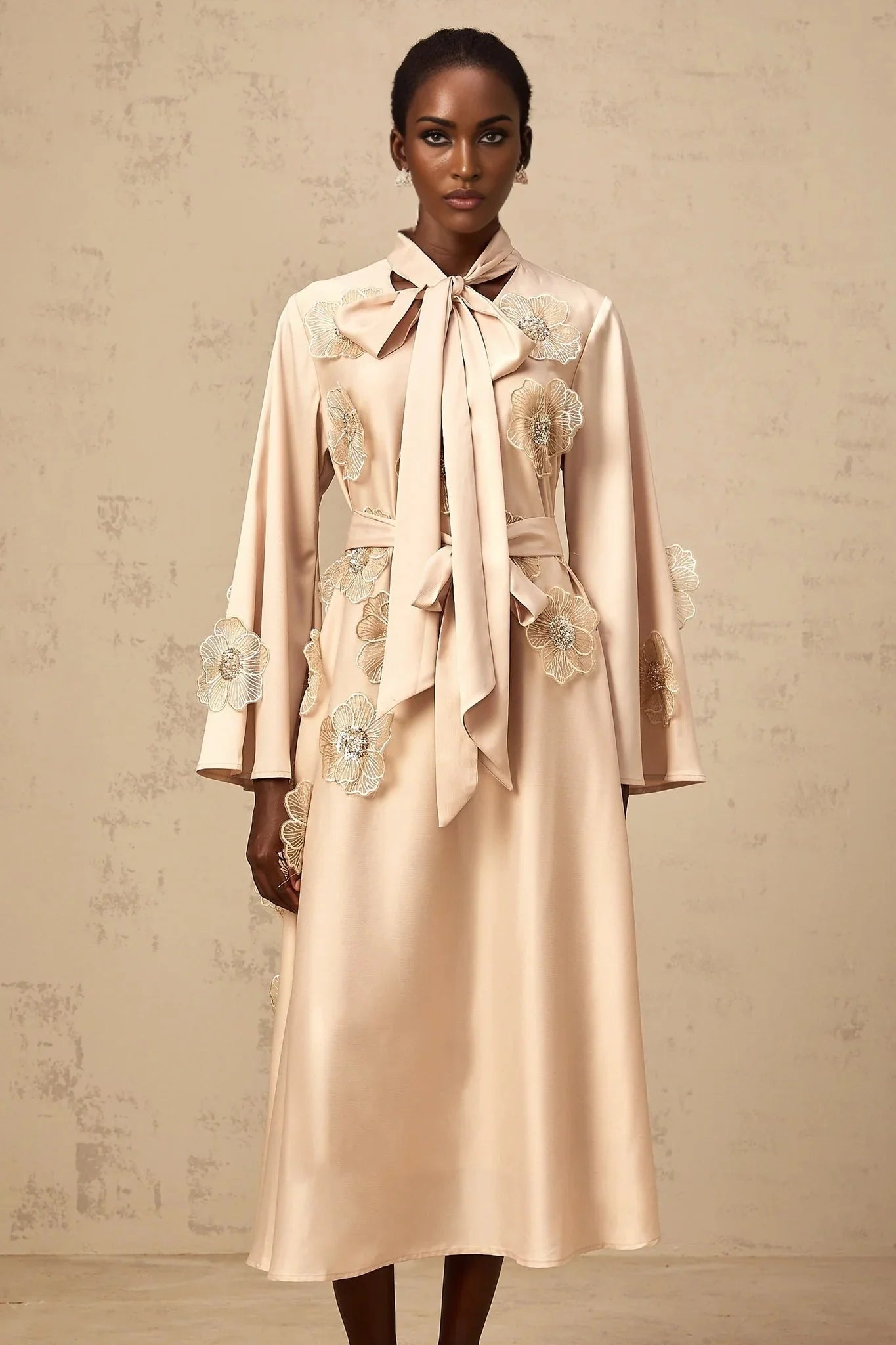 Madisyn Midi Dress Floral Appliqu Beaded Sequin A - Line Runway Fashion