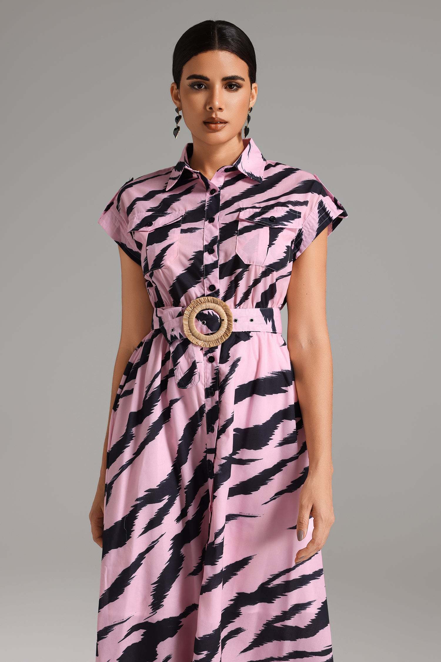 Madisyn Pink Printed Maxi Dress with Buttoned Front and Fit-and-Flare Silhouette