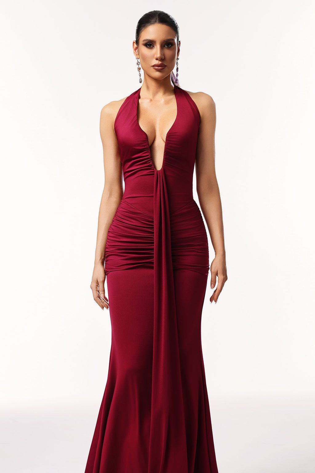 Madisyn Red Halter Neck Ruched Detailing V-Neck Floor Length Dress