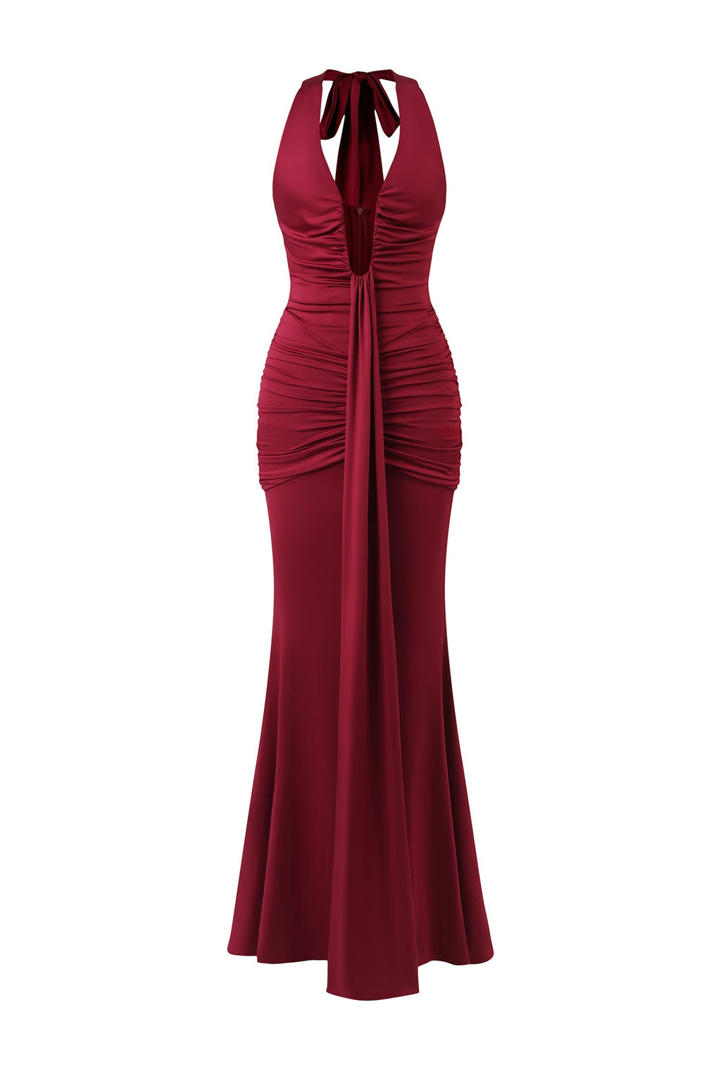 Madisyn Red Halter Neckline Ruched Detailing V-Neck Floor Length Dress