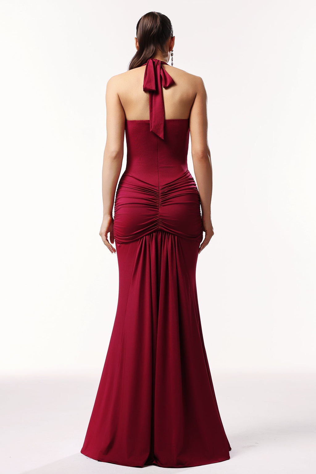 Madisyn Red Halter Neck Ruched Detailing V-Neck Floor Length Dress