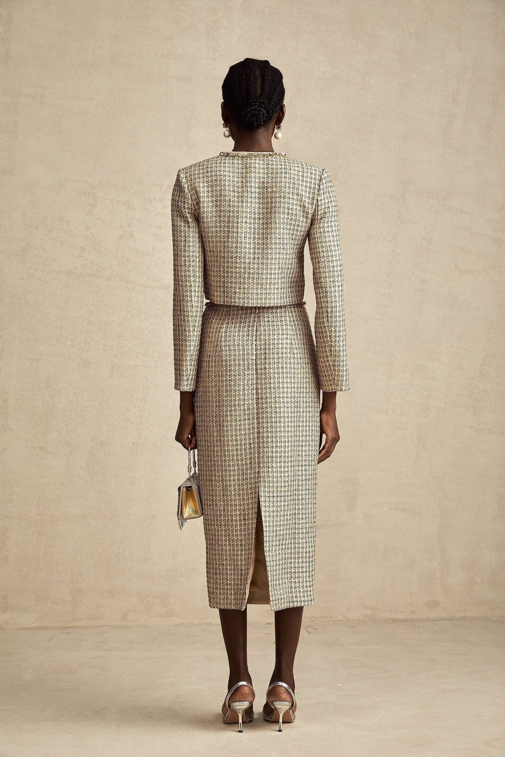 Maeve Jacket & Skirt Gold Tweed Sequin Set