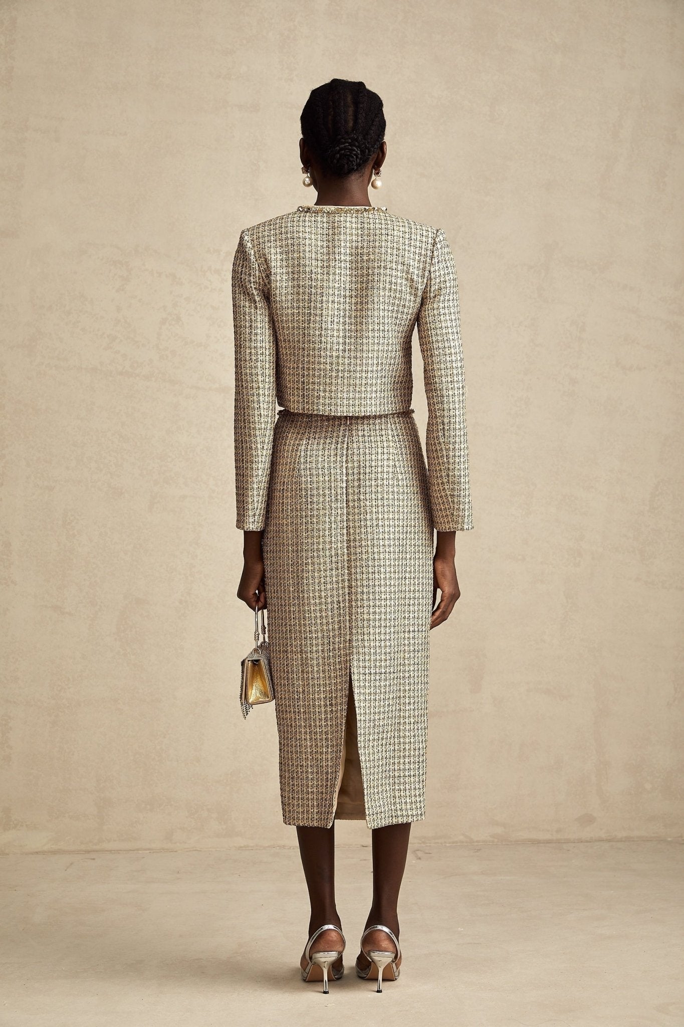 Maeve Jacket & Skirt Gold Tweed Sequin Set