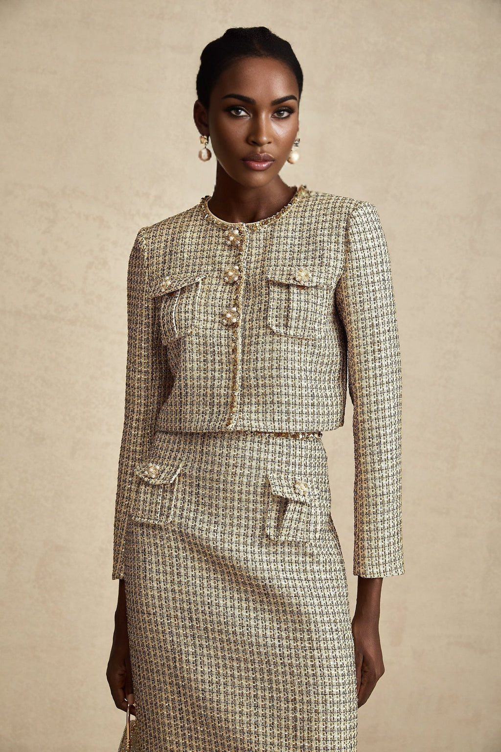 Maeve Jacket & Skirt Gold Tweed Sequin Set