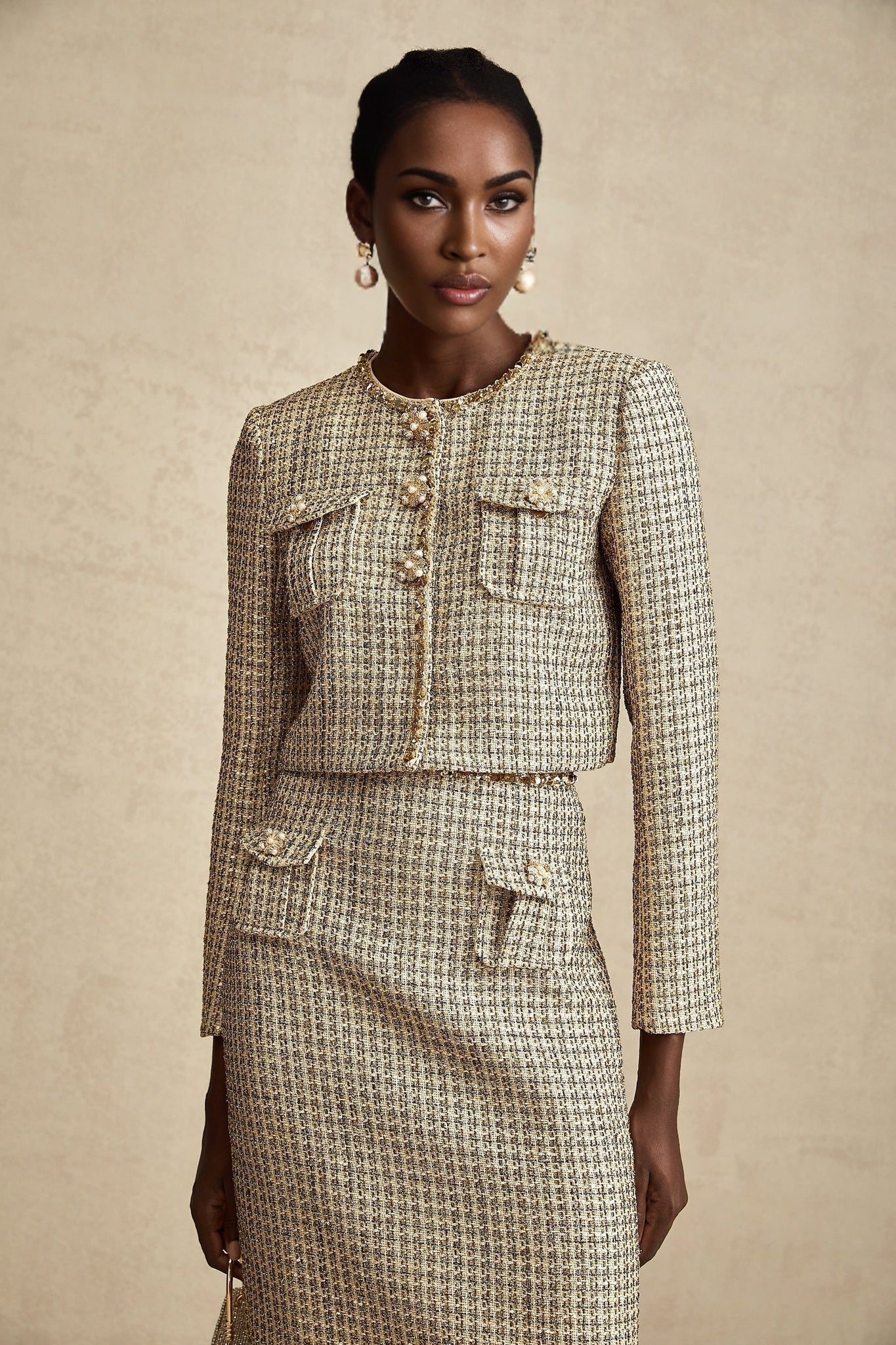 Maeve Jacket & Skirt Gold Tweed Sequin Set