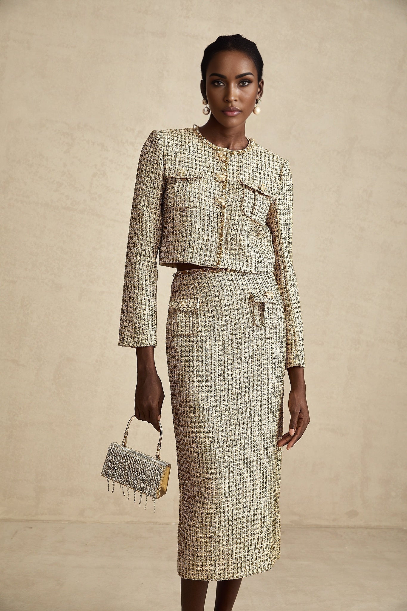 Maeve Jacket & Skirt Gold Tweed Sequin Set