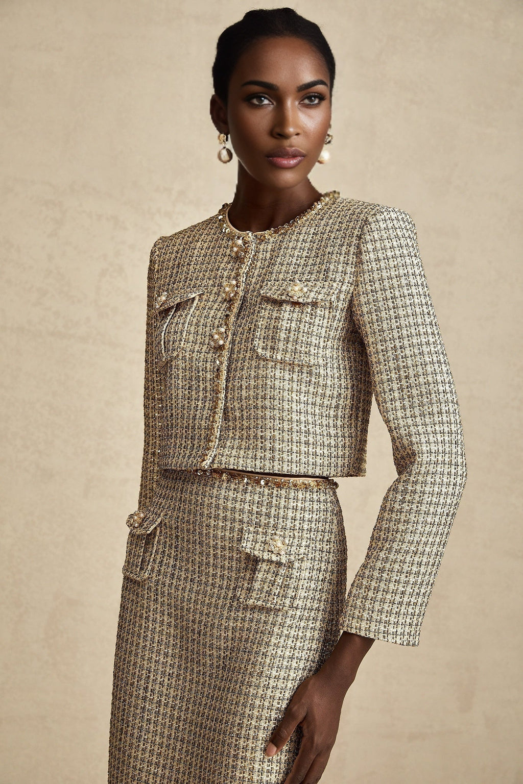 Maeve Jacket & Skirt Gold Tweed Sequin Set