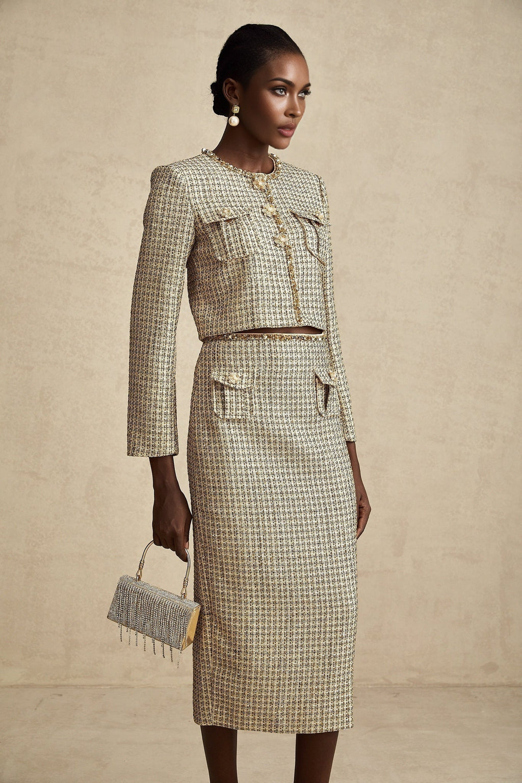 Maeve Jacket & Skirt Gold Tweed Sequin Set