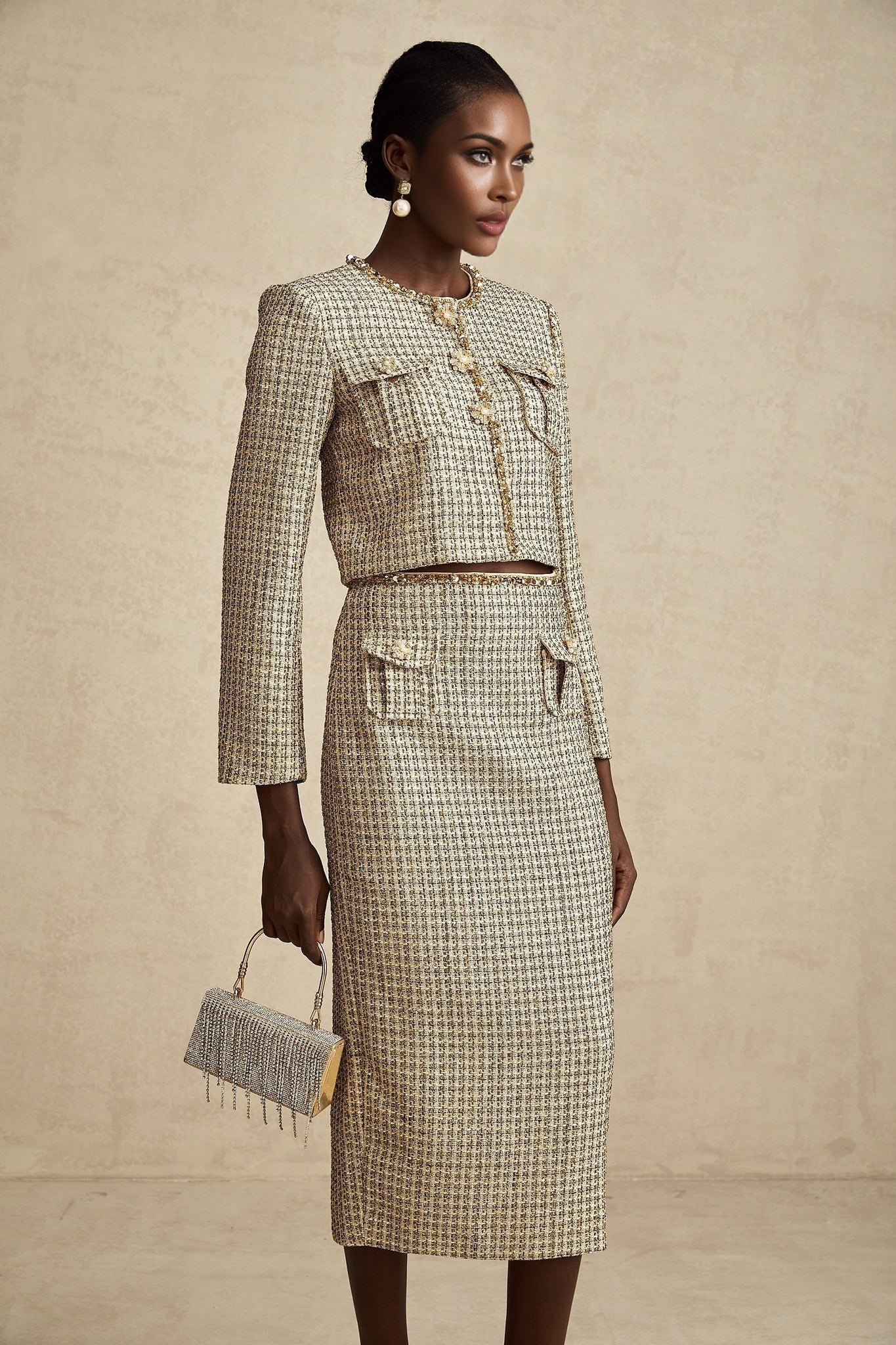Maeve Jacket & Skirt Gold Tweed Sequin Set