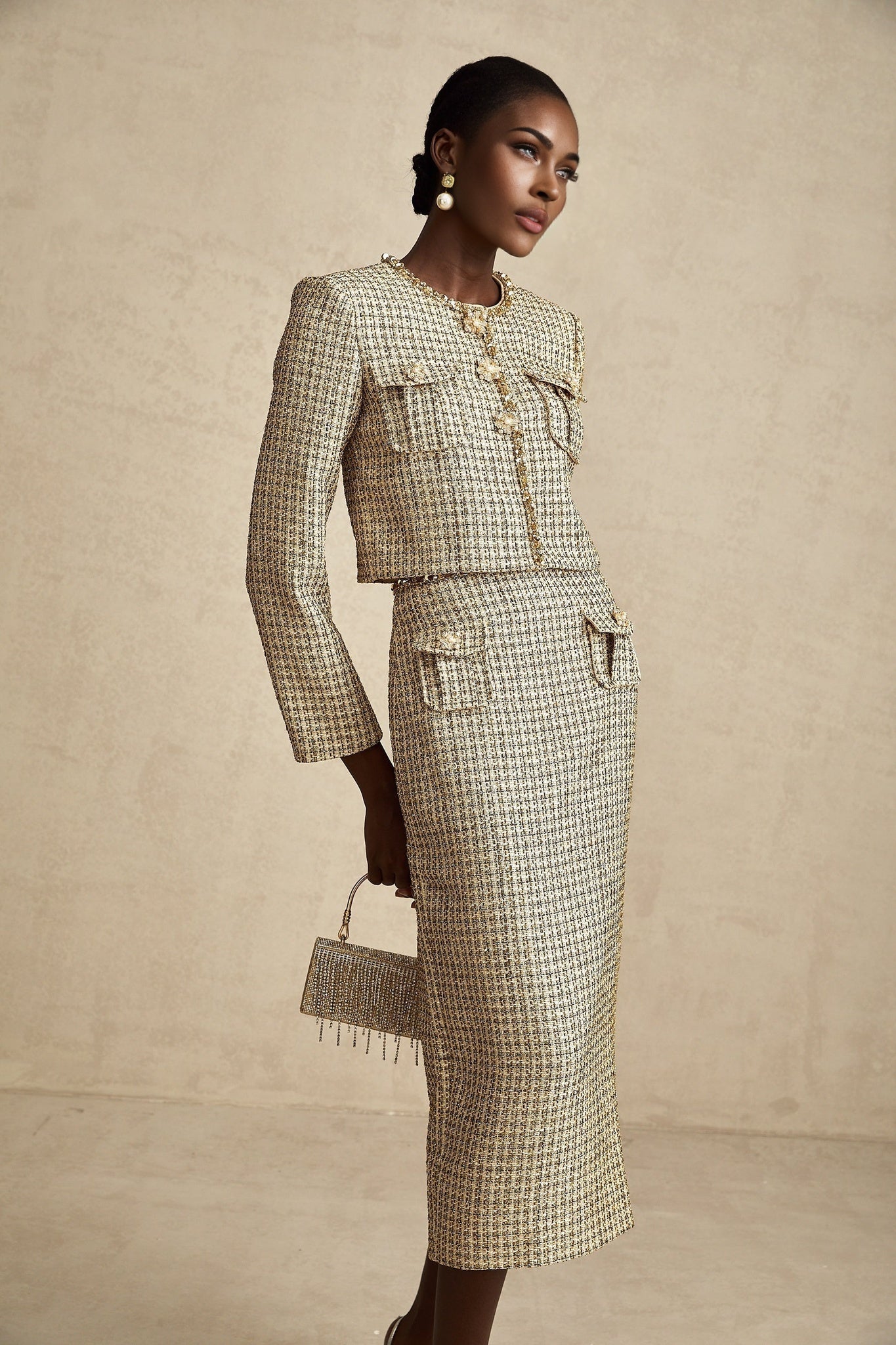 Maeve Jacket & Skirt Gold Tweed Sequin Set
