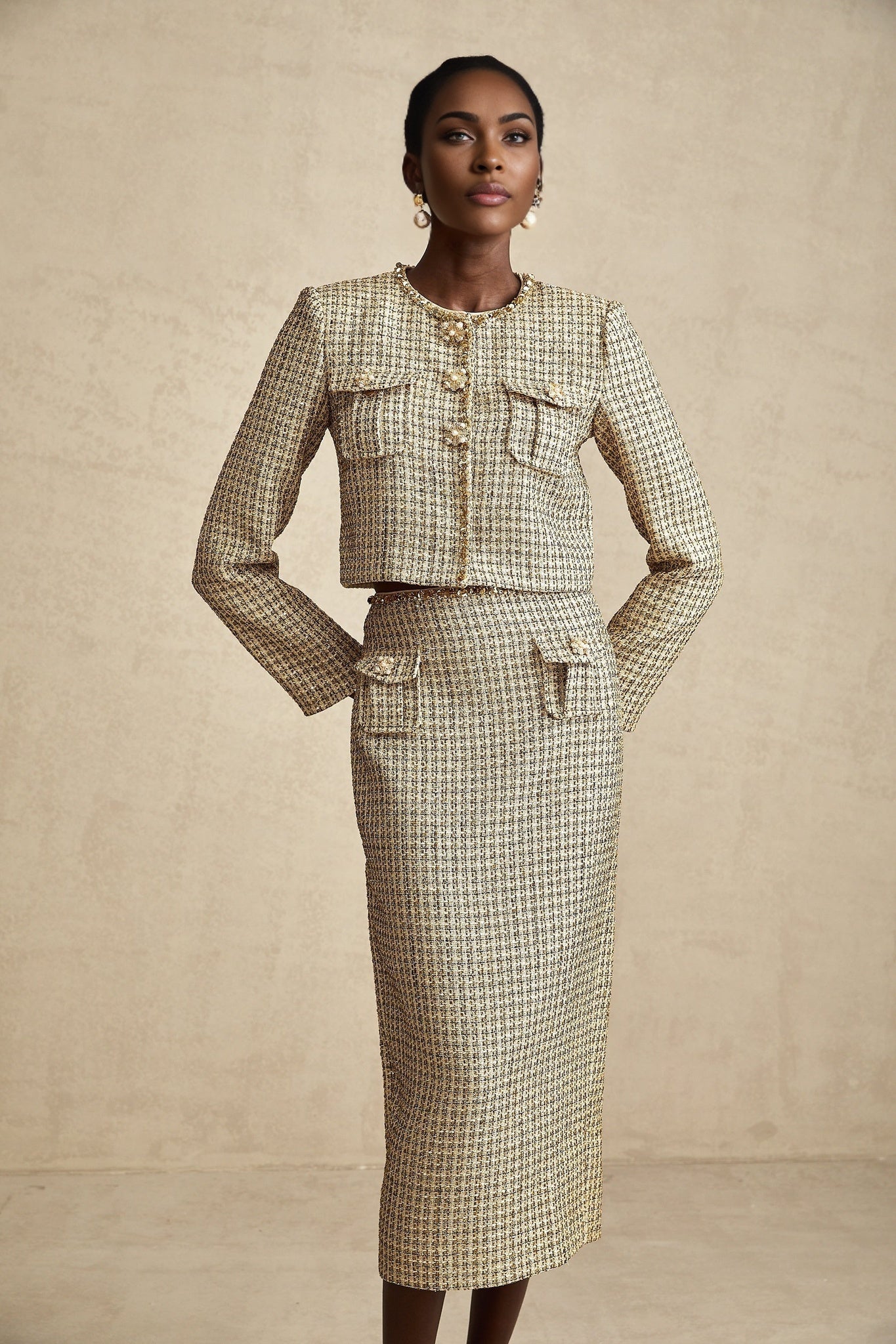 Maeve Jacket & Skirt Gold Tweed Sequin Set