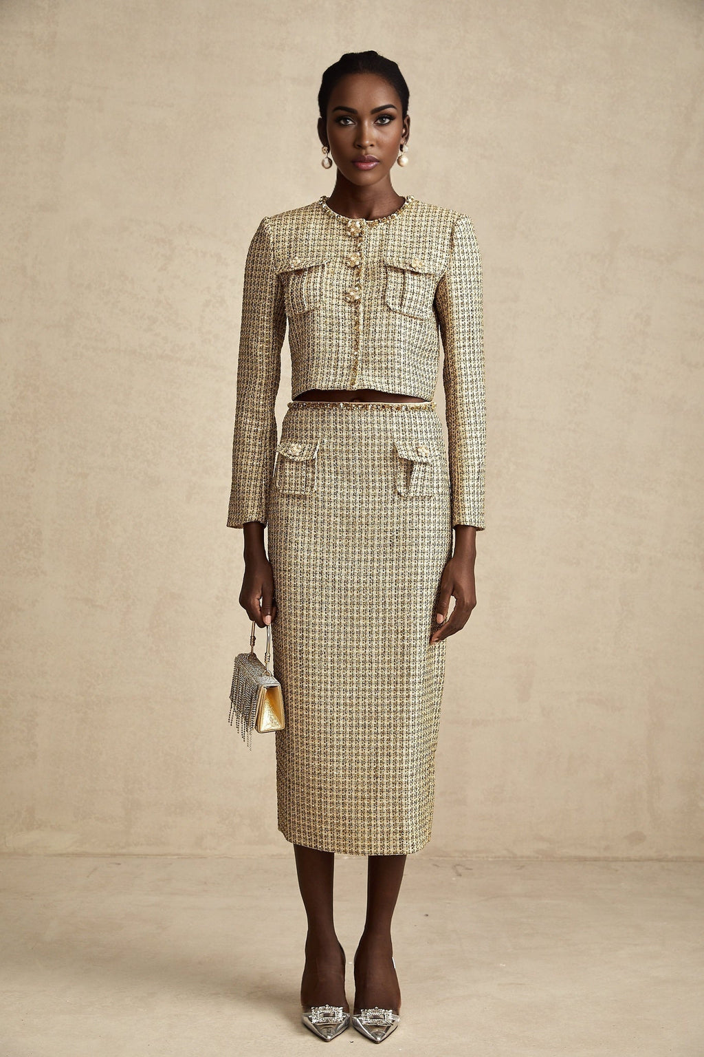 Maeve Jacket & Skirt Gold Tweed Sequin Set