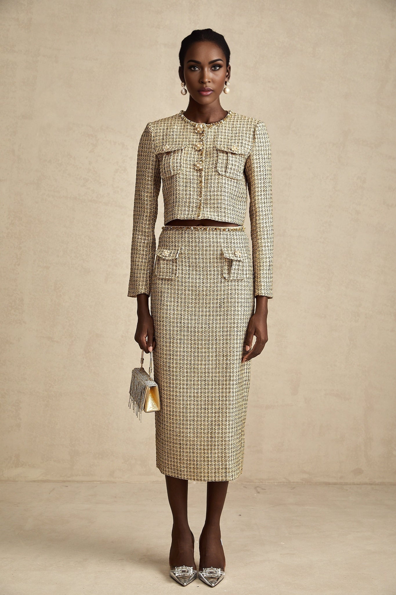 Maeve Jacket & Skirt Gold Tweed Sequin Set