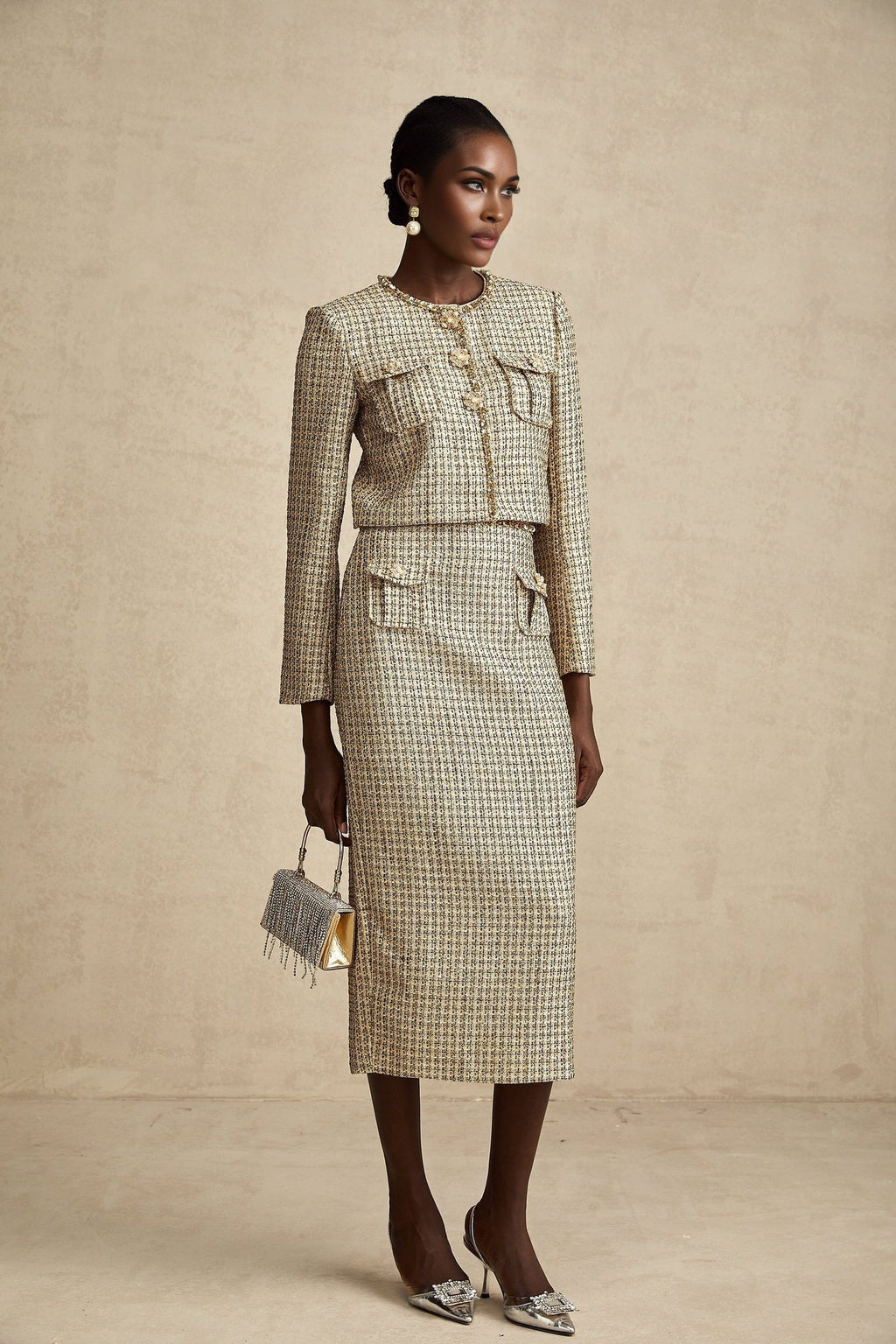 Maeve Jacket & Skirt Gold Tweed Sequin Set
