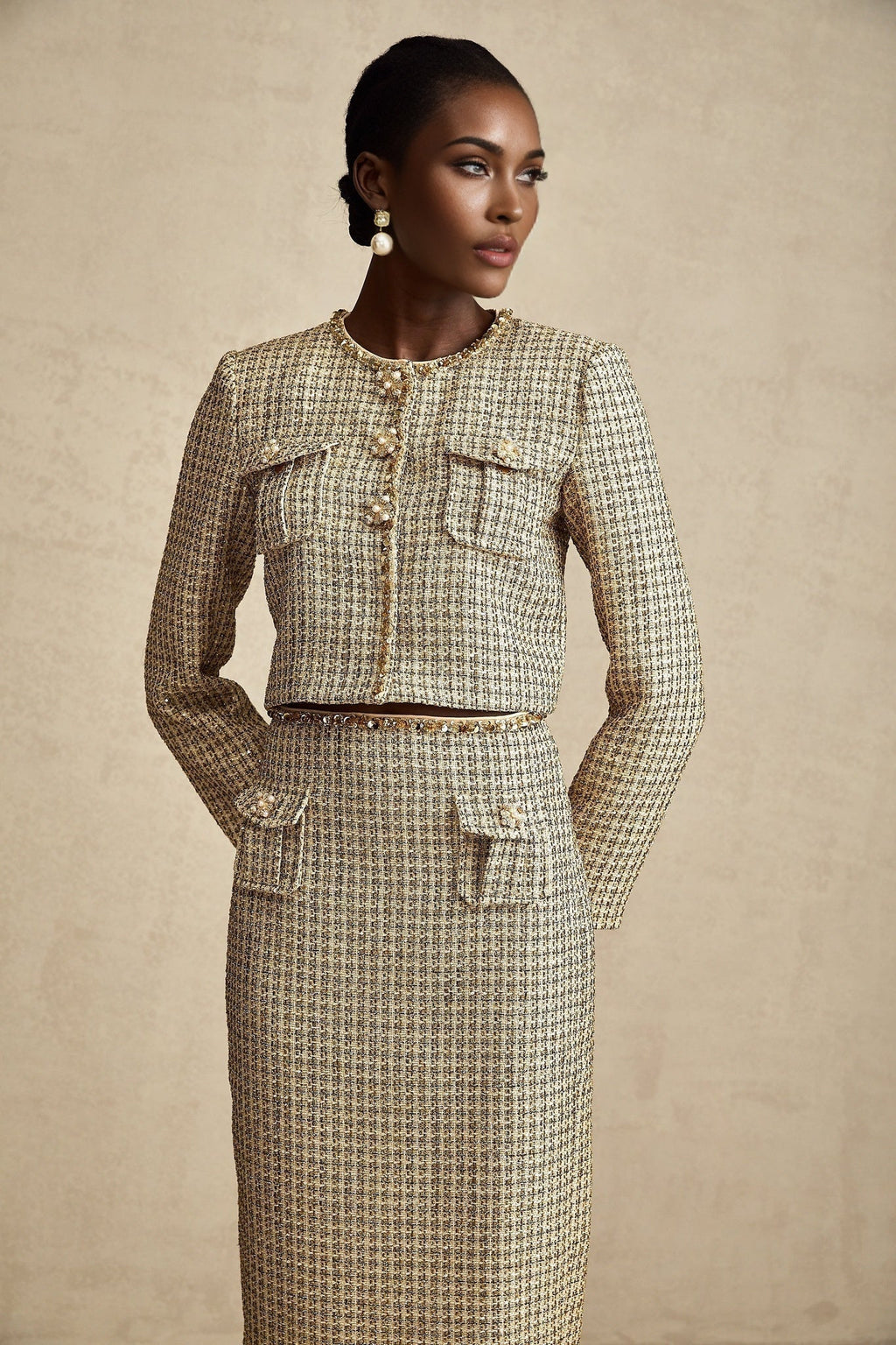 Maeve Jacket & Skirt Gold Tweed Sequin Set
