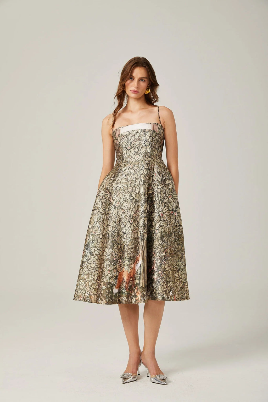 Maeve Midi Dress Green Jungle Print Flared Skirt & Spaghetti Straps Chic Style