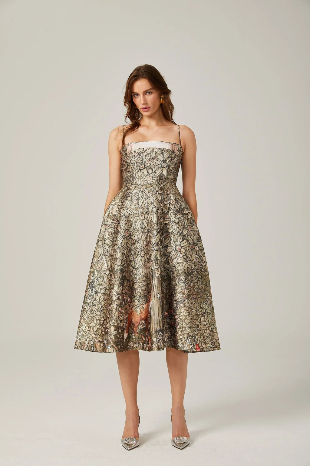 Maeve Midi Dress Green Jungle Print Flared Skirt & Spaghetti Straps Chic Style