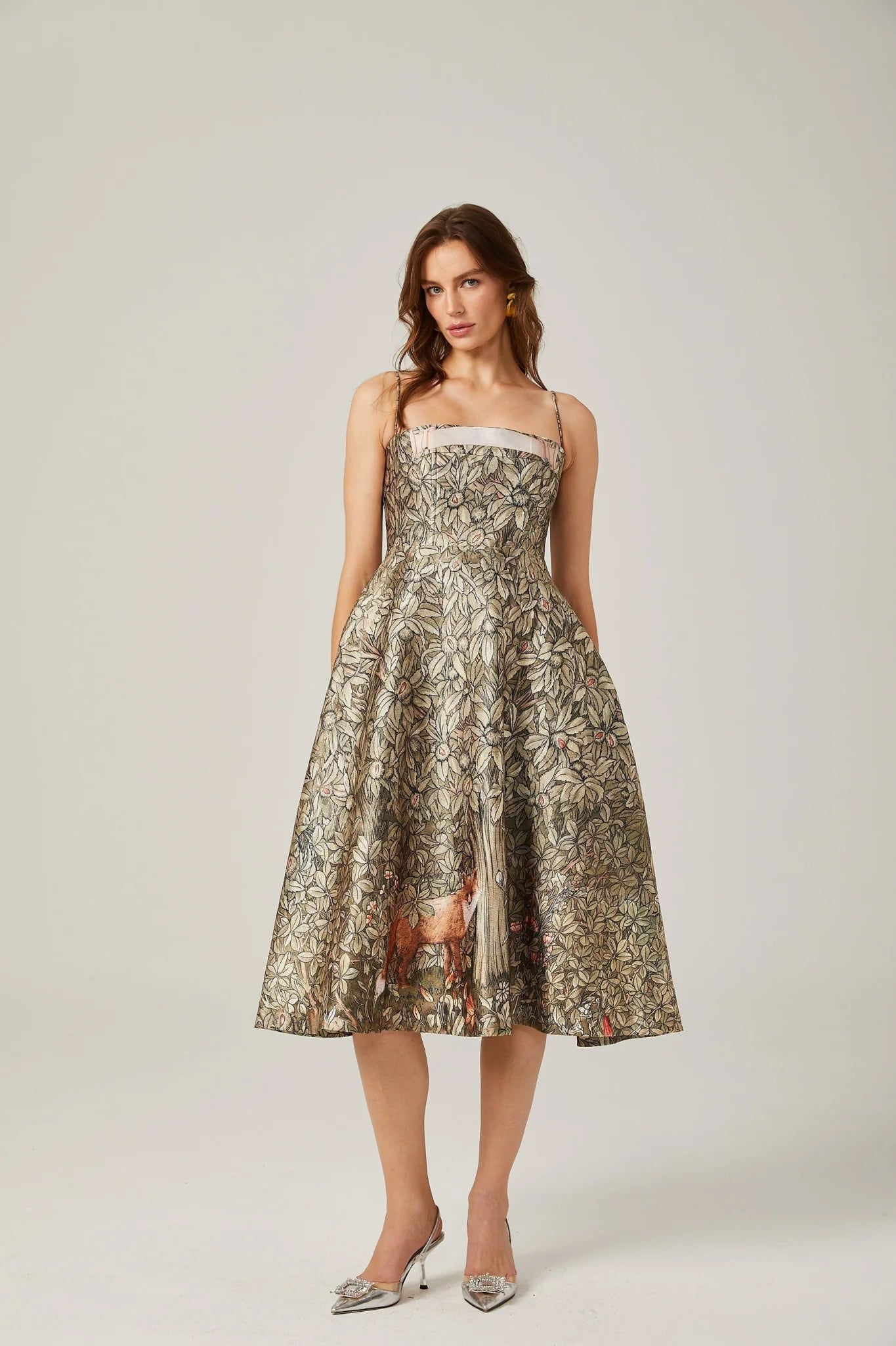 Maeve Midi Dress Green Jungle Print Flared Skirt & Spaghetti Straps Chic Style