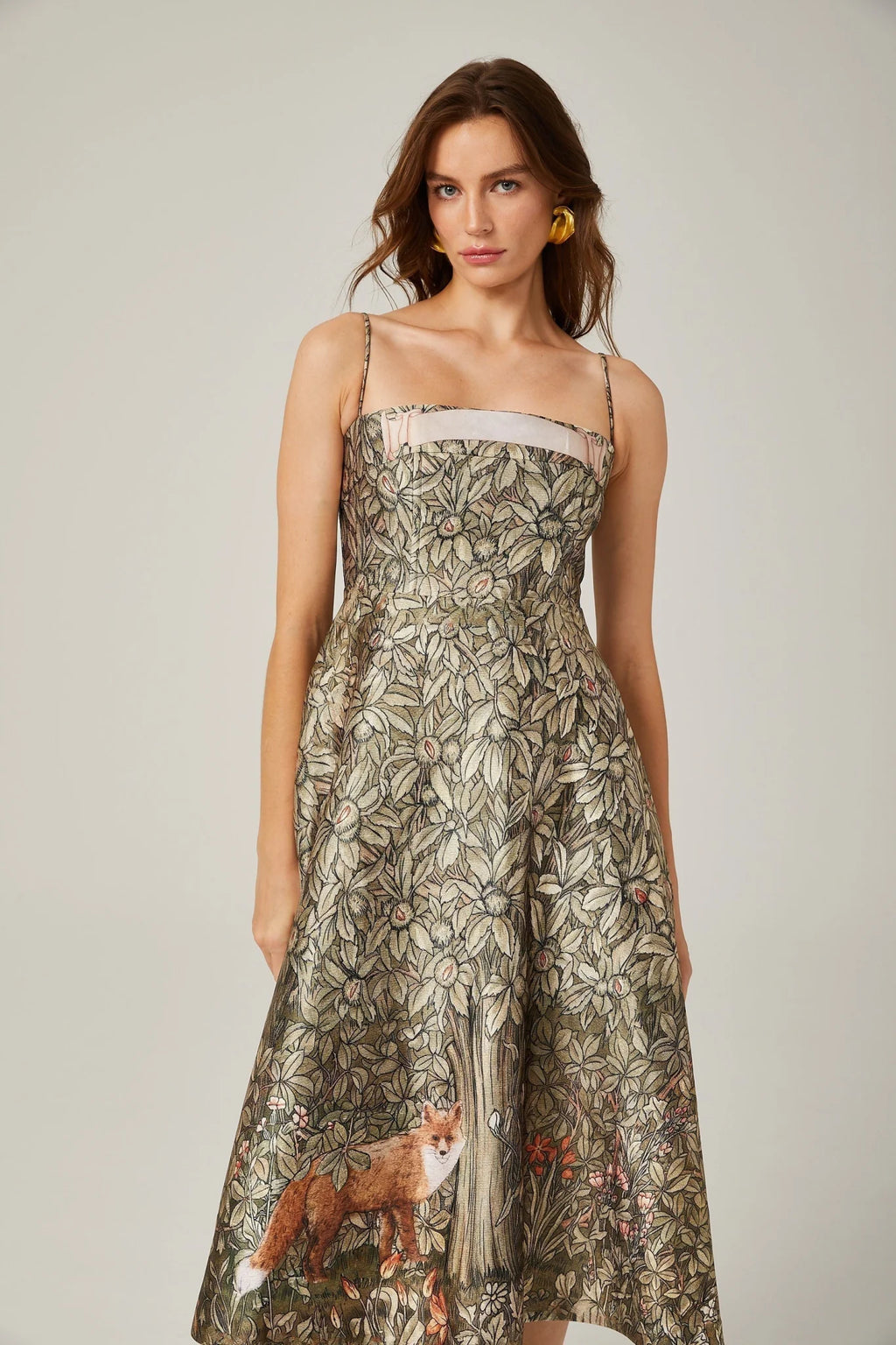 Maeve Midi Dress Green Jungle Print Flared Skirt & Spaghetti Straps Chic Style