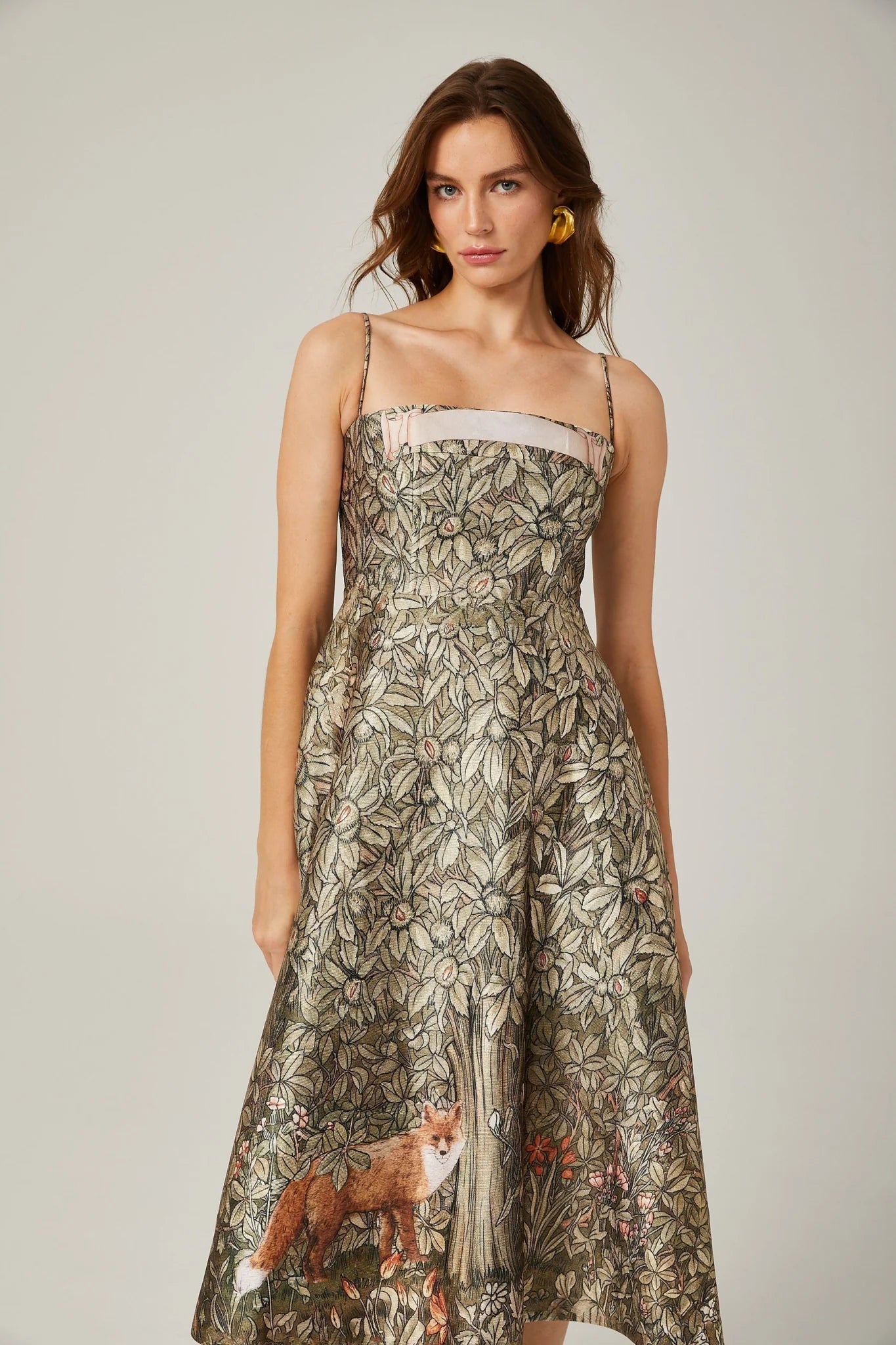 Maeve Midi Dress Green Jungle Print Flared Skirt & Spaghetti Straps Chic Style