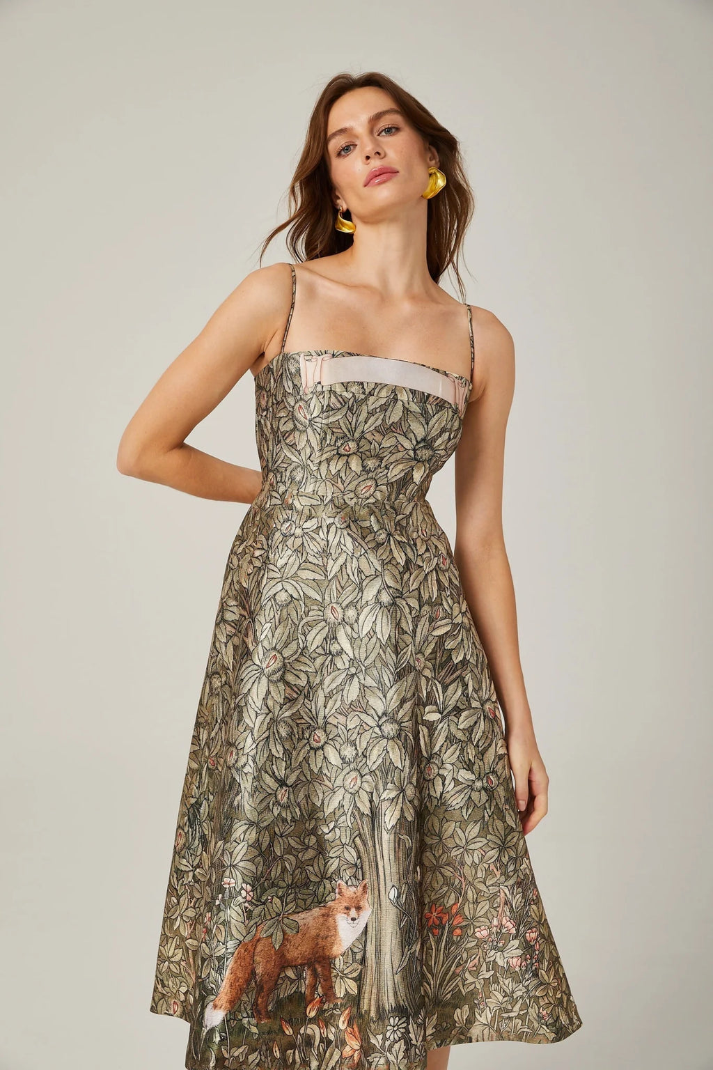 Maeve Midi Dress Green Jungle Print Flared Skirt & Spaghetti Straps Chic Style