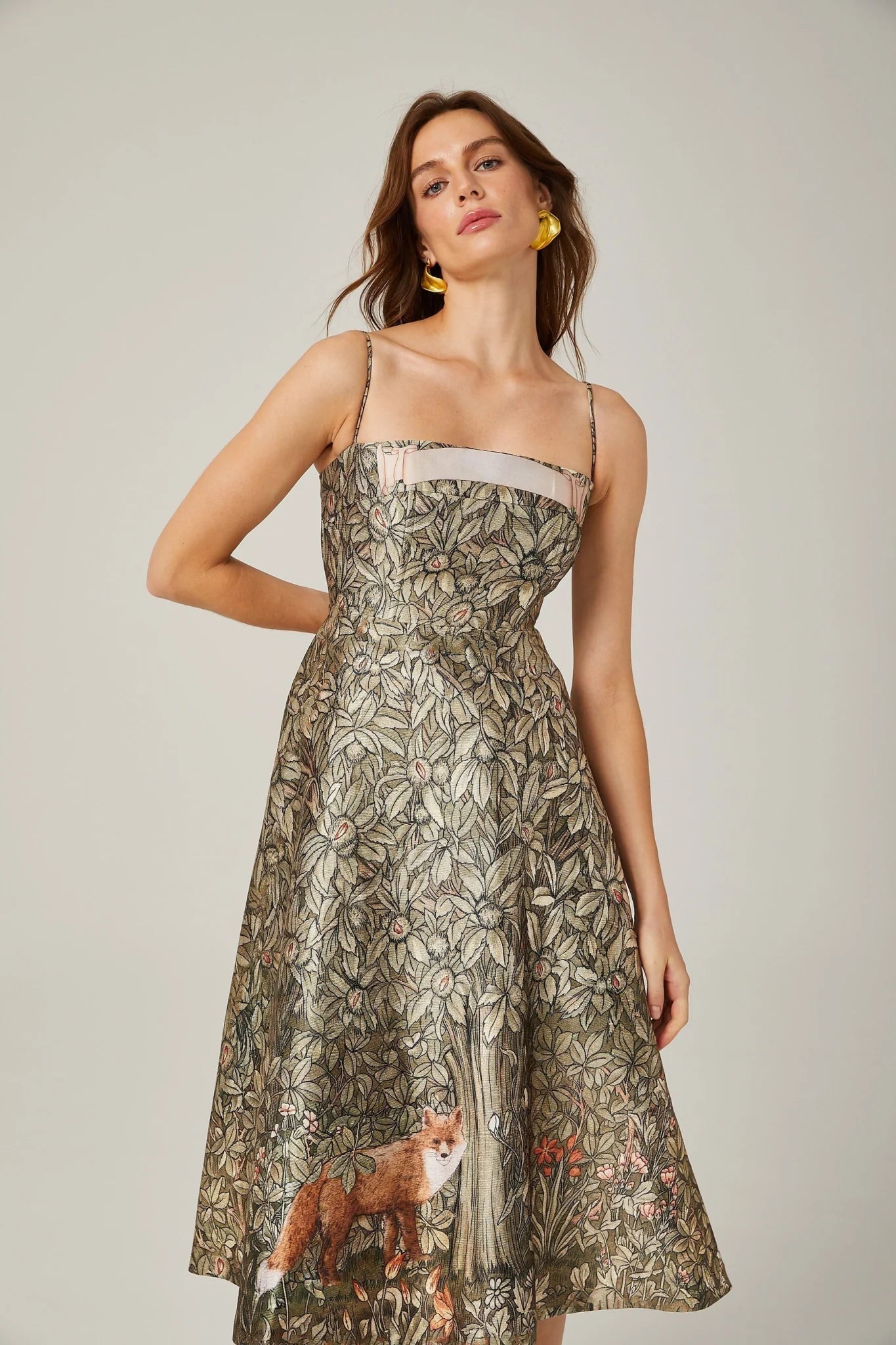 Maeve Midi Dress Green Jungle Print Flared Skirt & Spaghetti Straps Chic Style