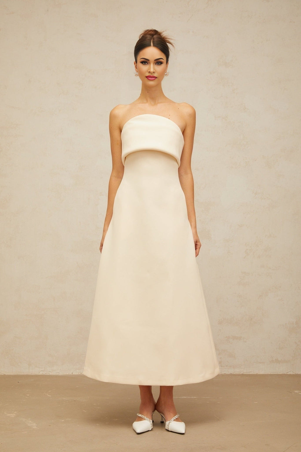 Maeve Midi Dress White Corset Foldover Aline Flared Skirt