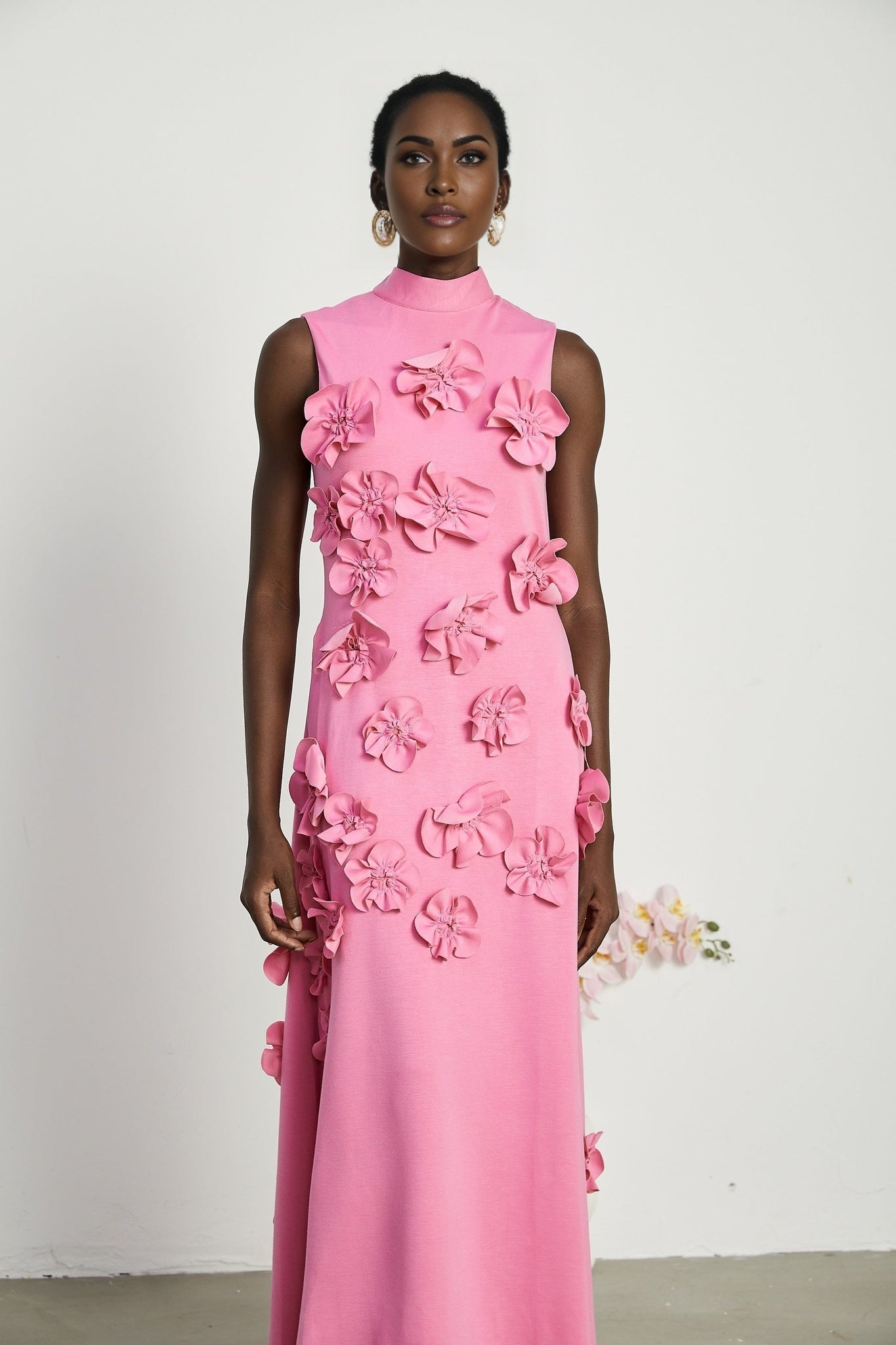 Magali Pink Sleeveless Maxi Dress With 3D Floral Appliqués and Pockets