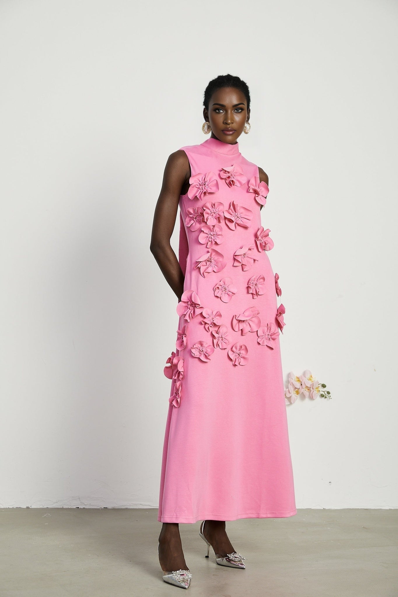 Magali Pink Sleeveless Maxi Dress With 3D Floral Appliqués and Pockets