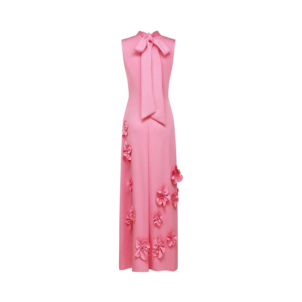 Magali Pink Sleeveless Maxi Dress With 3D Floral Appliqués and Pockets