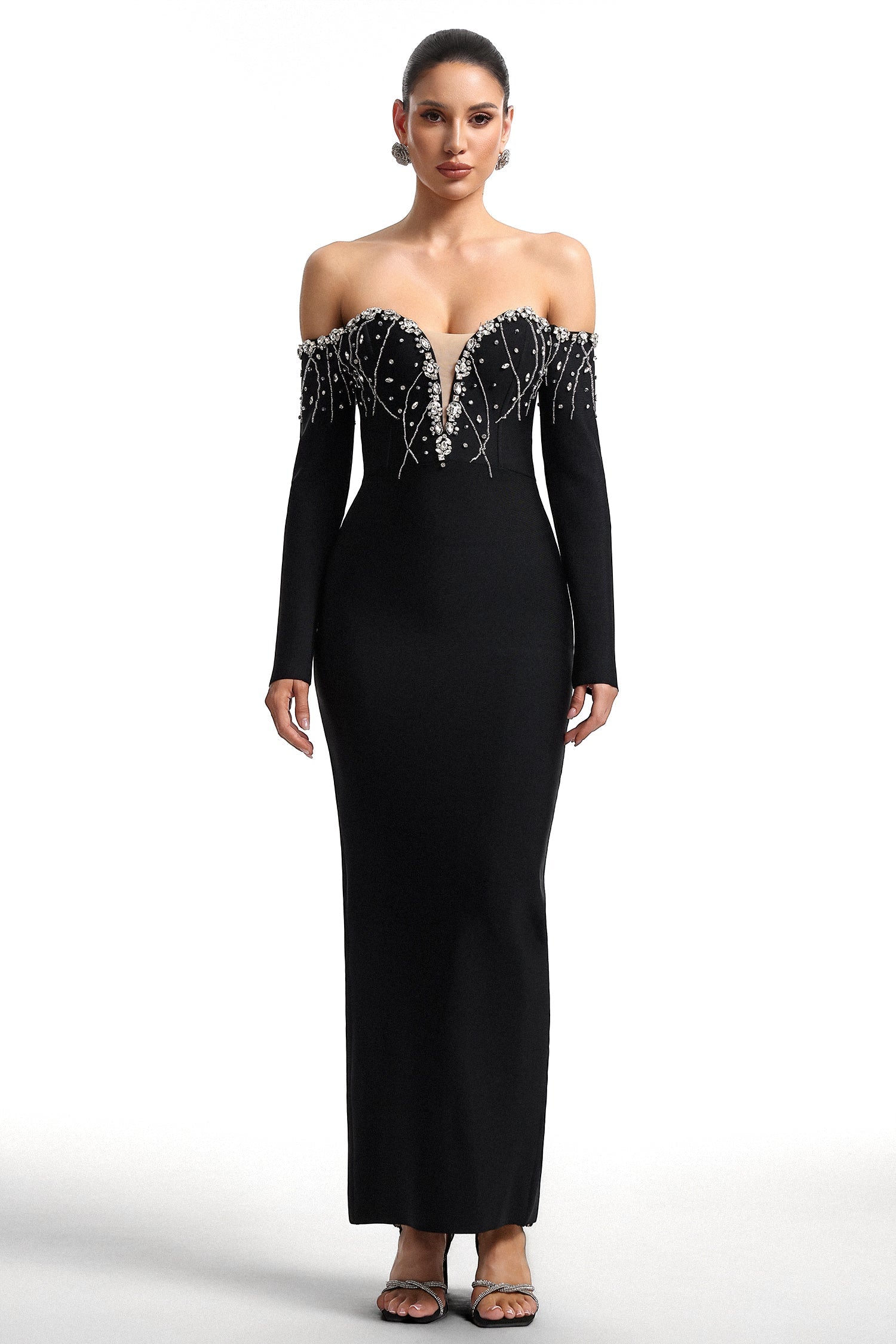 Maia Black Embellished Off-Shoulder Dress with Deep V Neckline for Evening Events