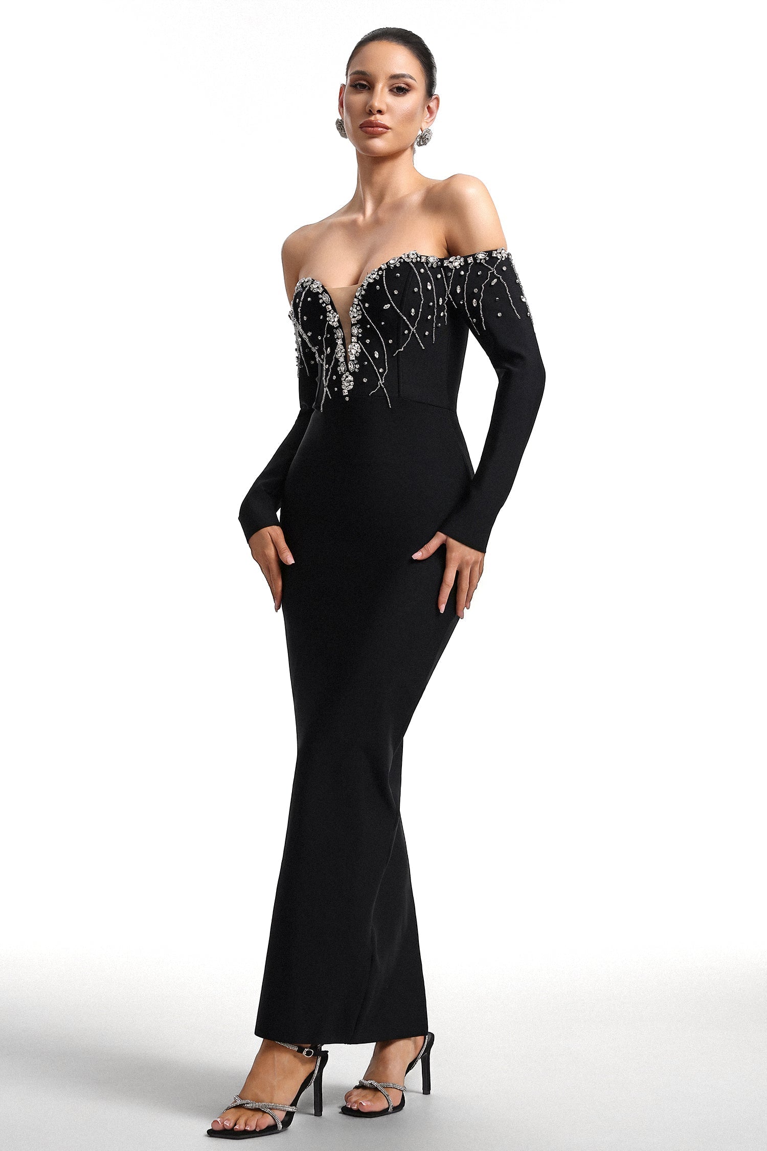 Maia Black Embellished Off-Shoulder Dress with Deep V Neckline and Fitted Silhouette