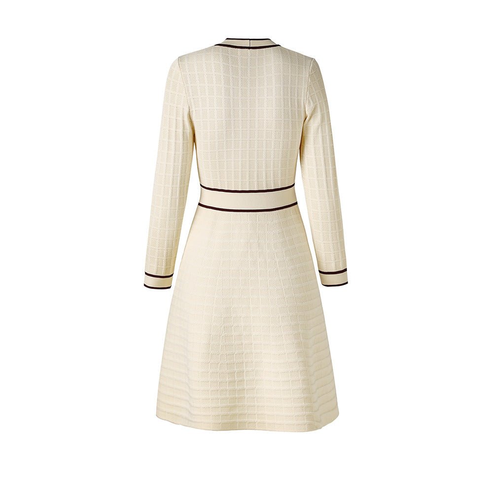 Maia Dress - Tailored Bodice - Flared a - Line Skirt - Elegant Knit Texture - Cinched Waist - Bow - Tie Detail