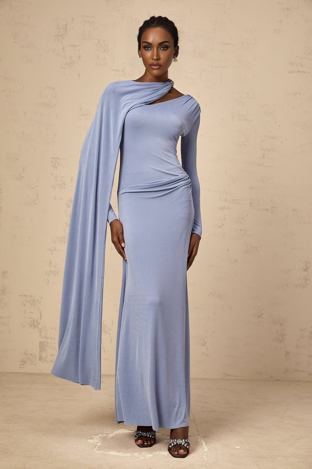 Maia Maxi Dress in Blue with Diagonal - Shawl Design & Ruched Detailing
