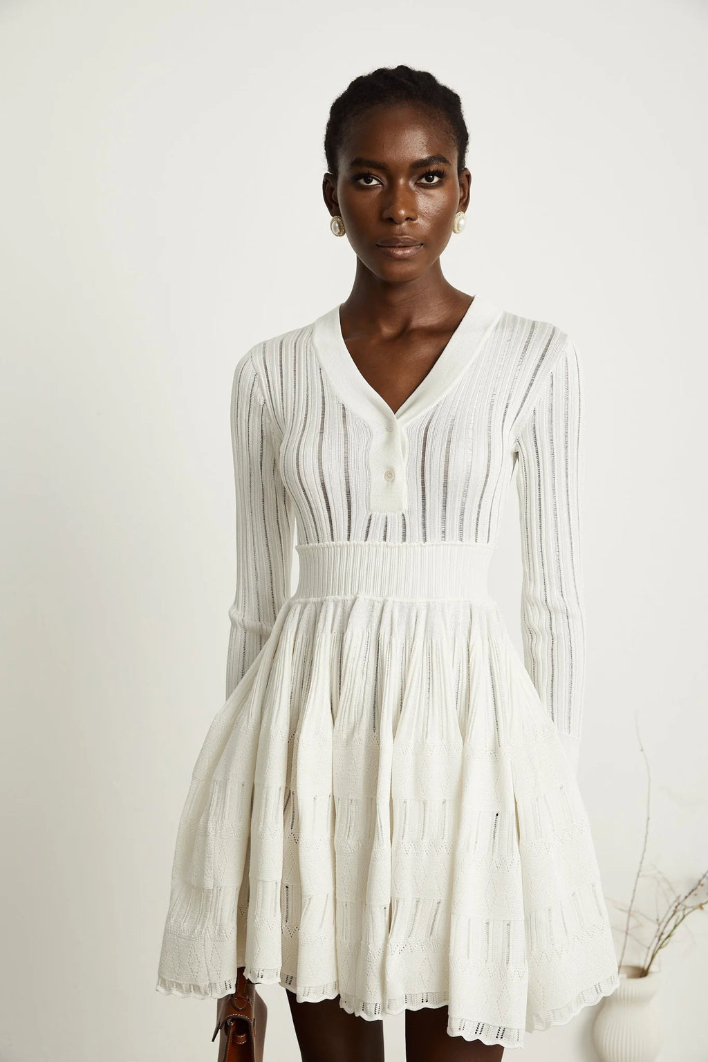 Maia Midi Dress White V Neck Pointelle Knit Stretch Jersey
