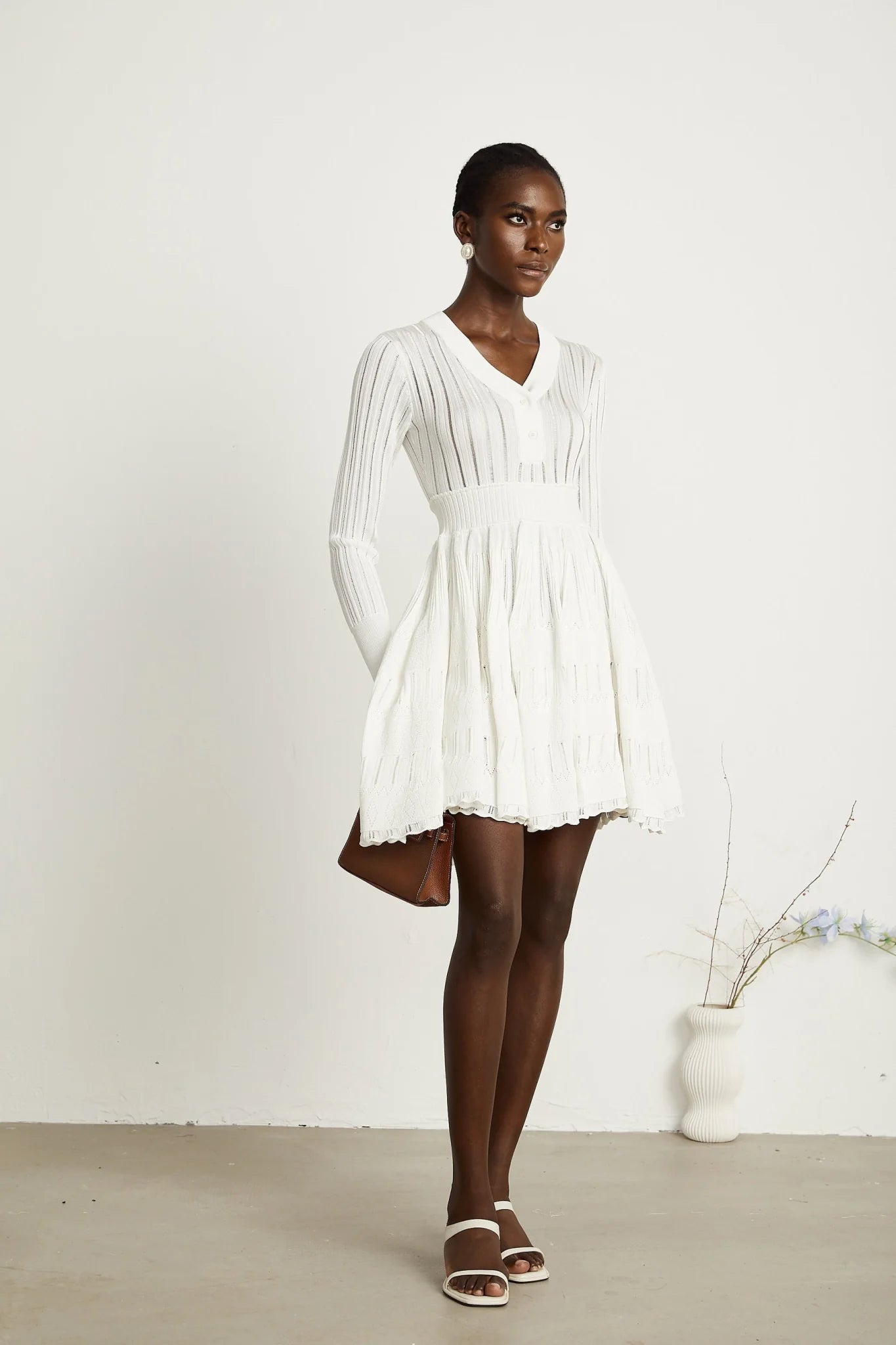 Maia Midi Dress White V Neck Pointelle Knit Stretch Jersey