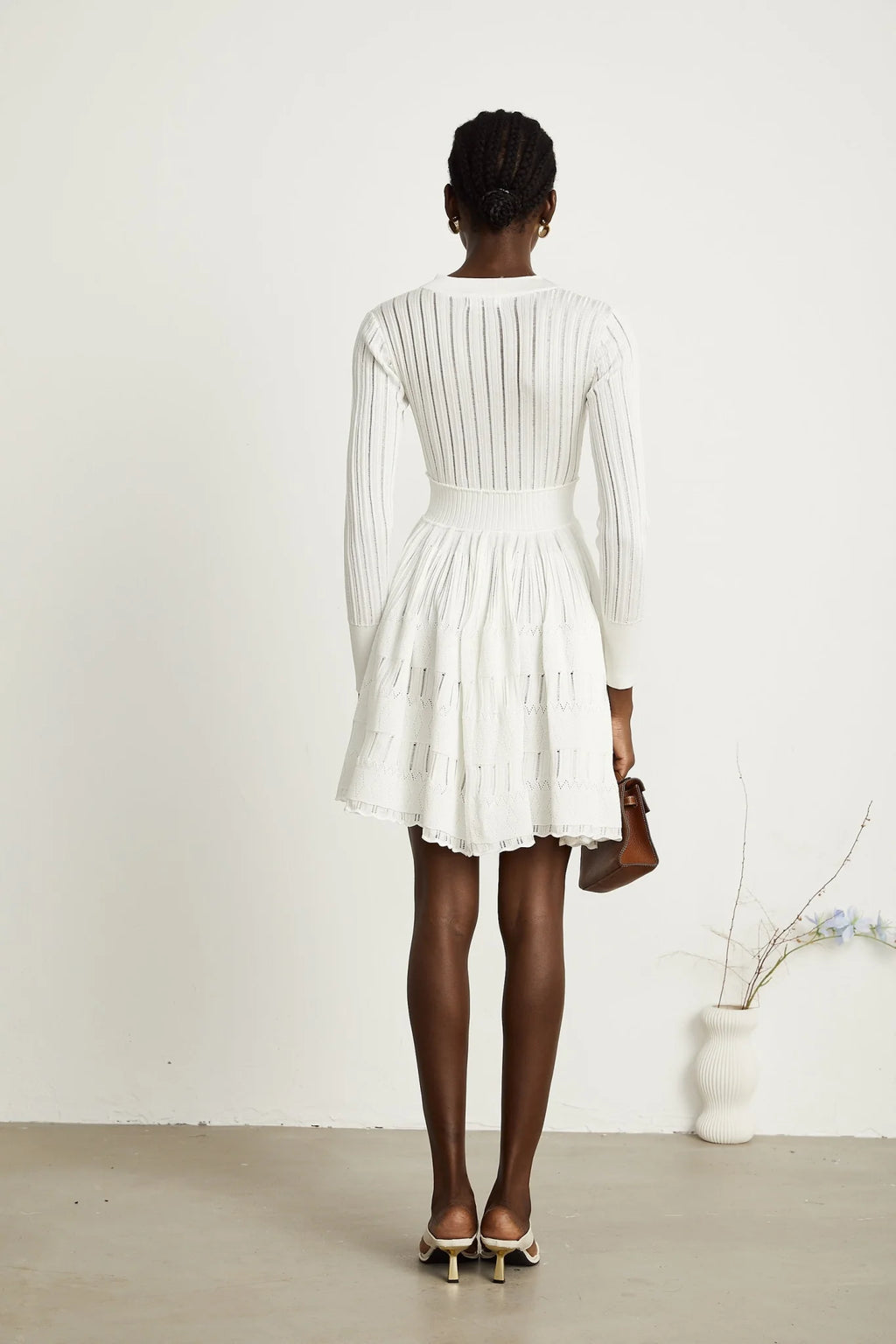 Maia Midi Dress White V Neck Pointelle Knit Stretch Jersey