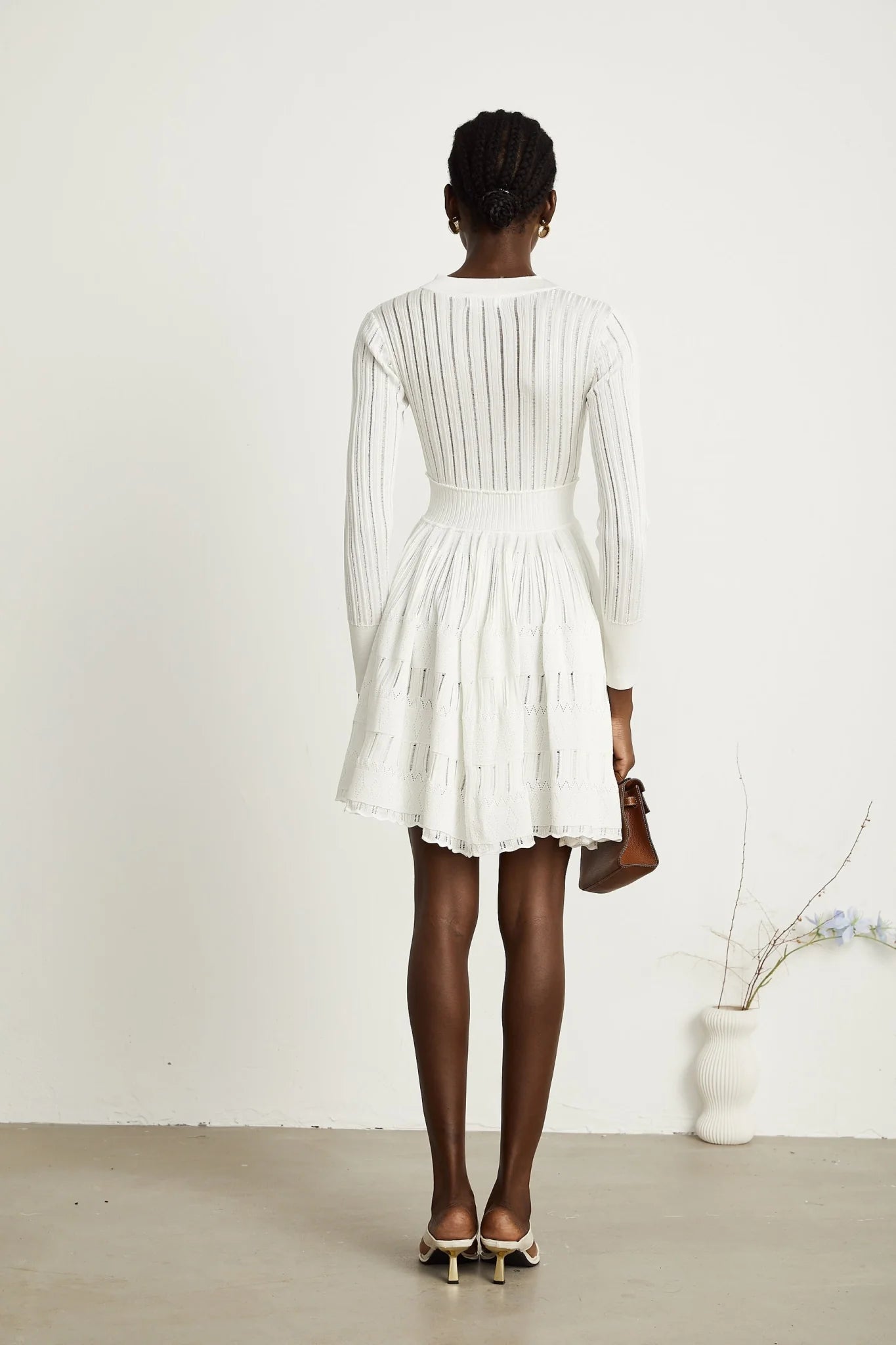 Maia Midi Dress White V Neck Pointelle Knit Stretch Jersey