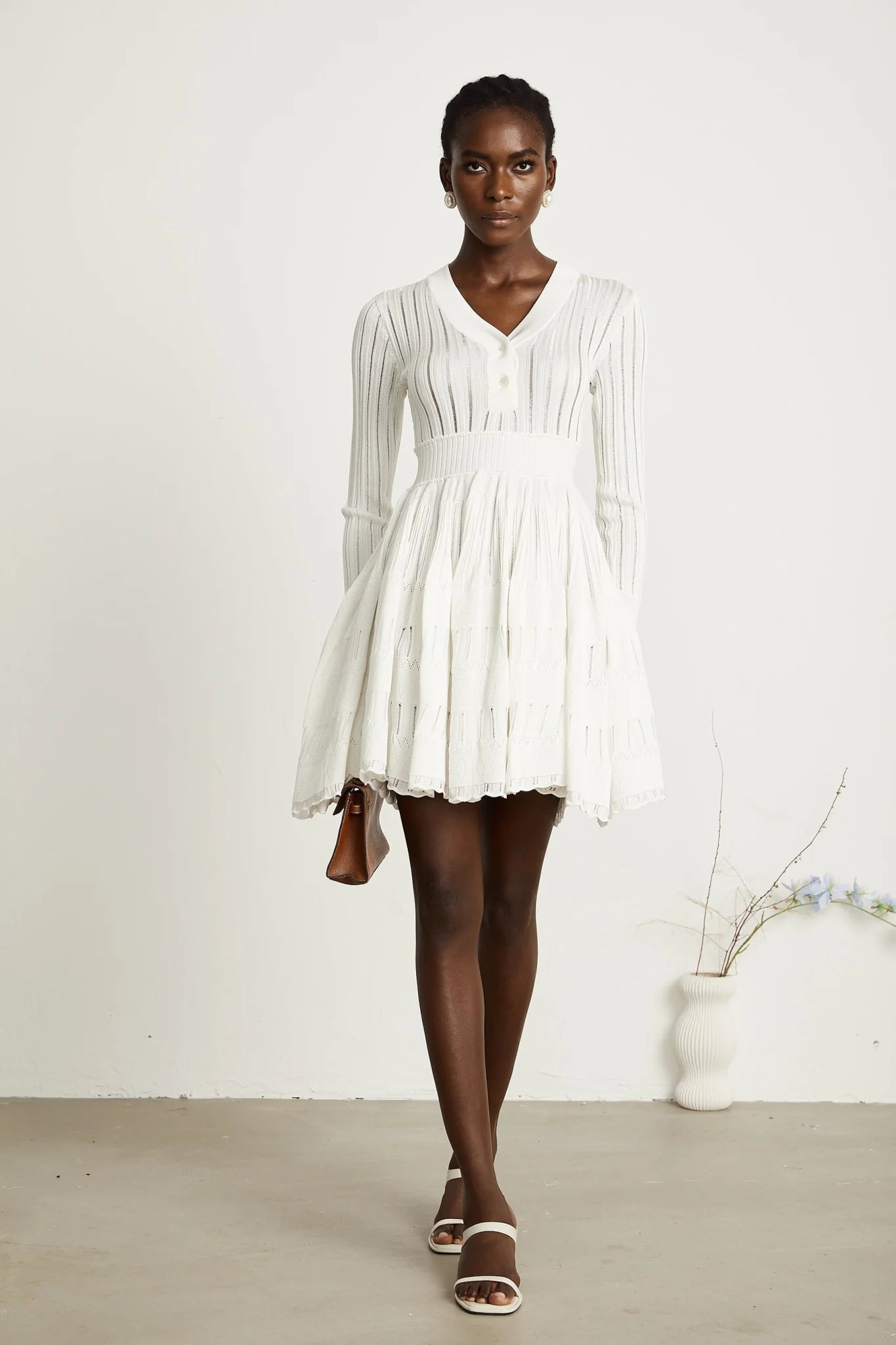 Maia Midi Dress White V Neck Pointelle Knit Stretch Jersey