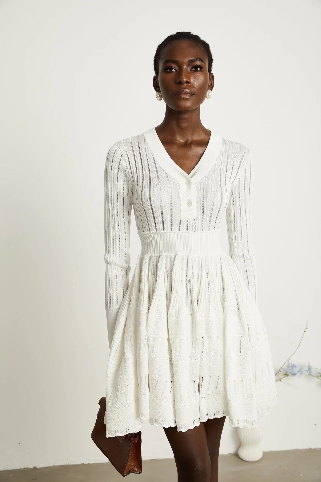 Maia Midi Dress White V Neck Pointelle Knit Stretch Jersey
