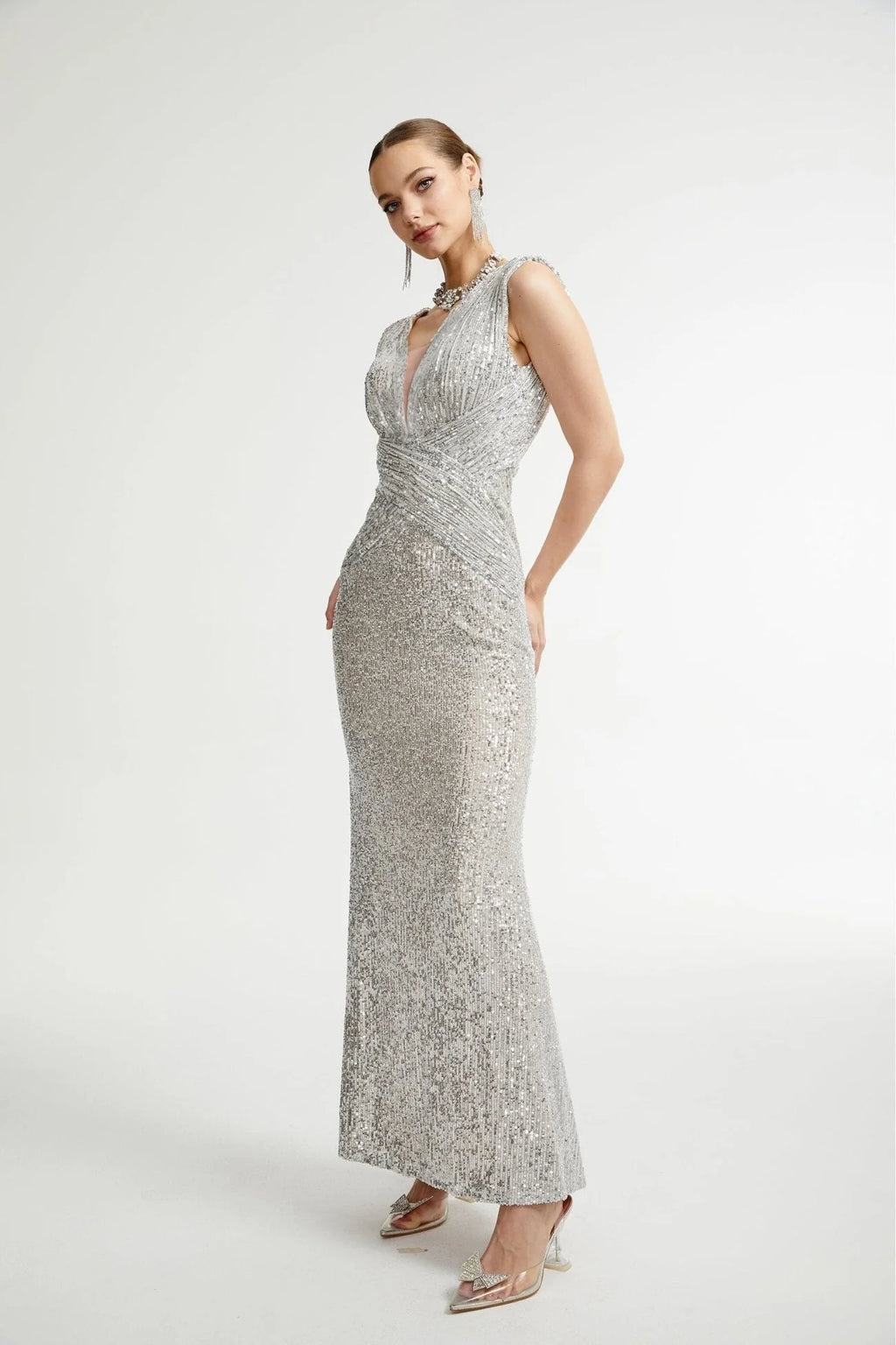 Maisie Maxi Dress in Radiant Silver with Sequin Embellishments & Cinched Waist