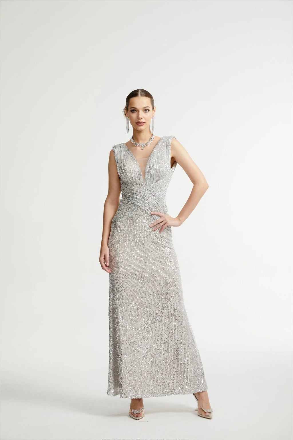 Maisie Maxi Dress in Radiant Silver with Sequin Embellishments & Cinched Waist