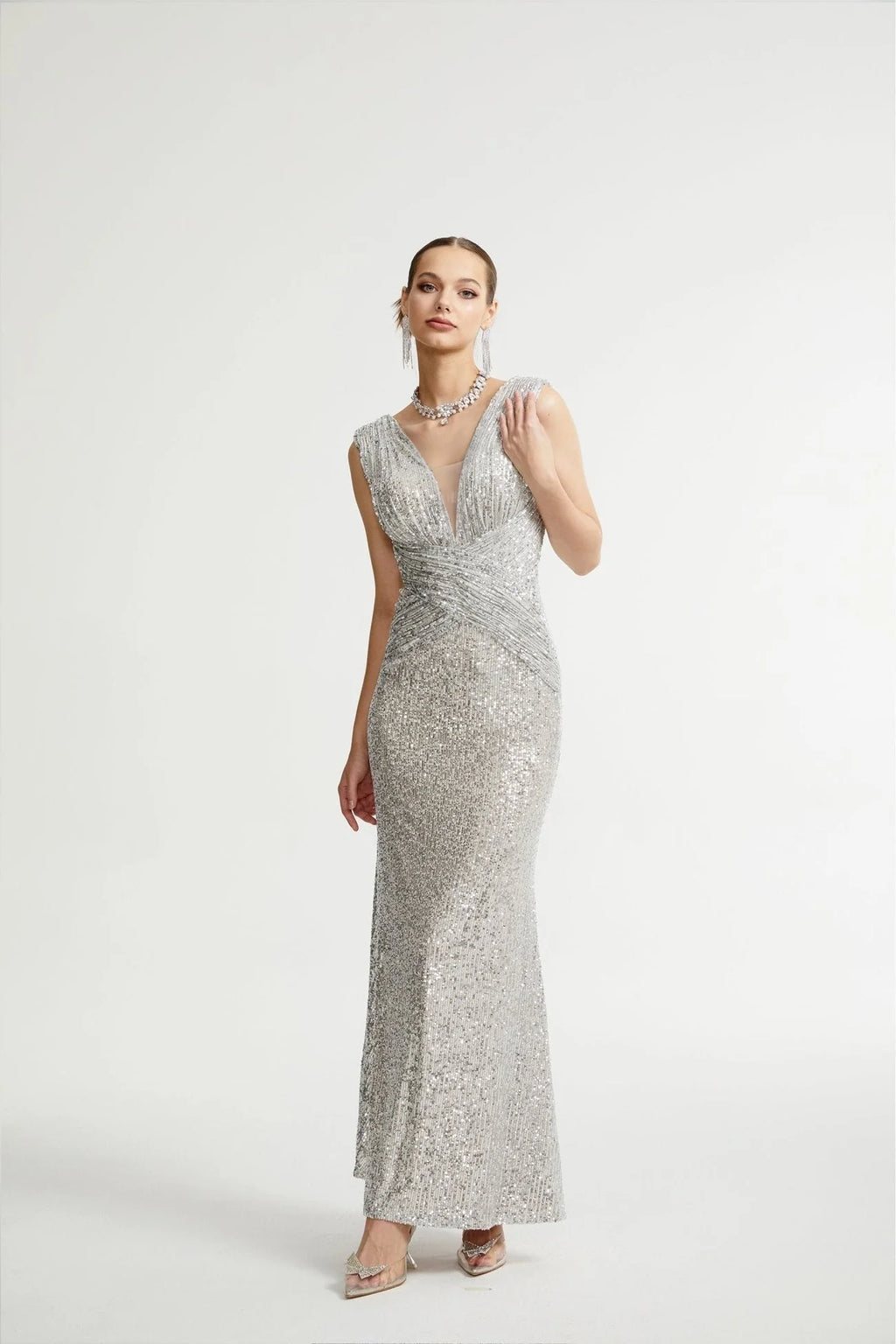 Maisie Maxi Dress in Radiant Silver with Sequin Embellishments & Cinched Waist