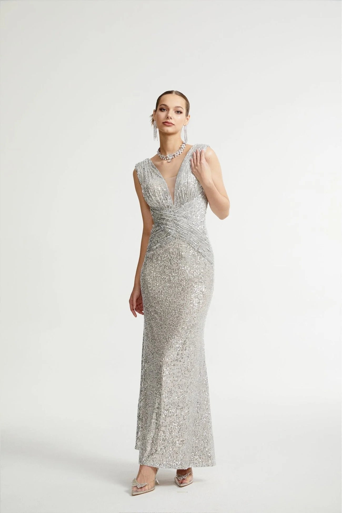 Maisie Maxi Dress in Radiant Silver with Sequin Embellishments & Cinched Waist