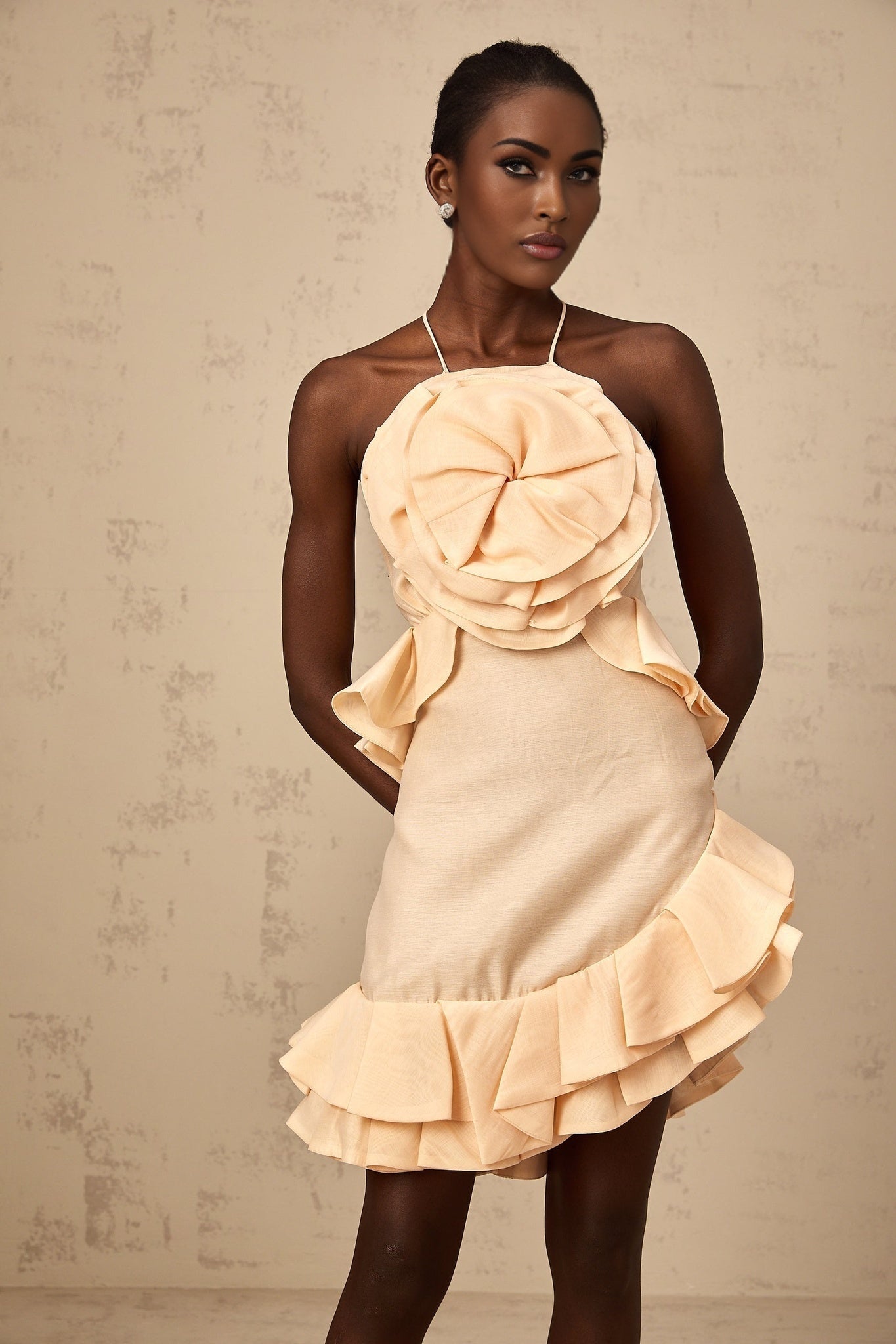 Maisie Mini Dress Pink Halterneck Ruffled Flower Flounce