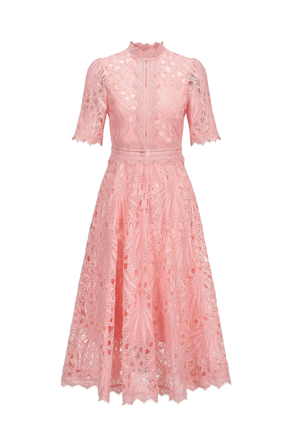 Maisie Pink Lace Midi Dress with Swing Silhouette and Hollow Out Accents