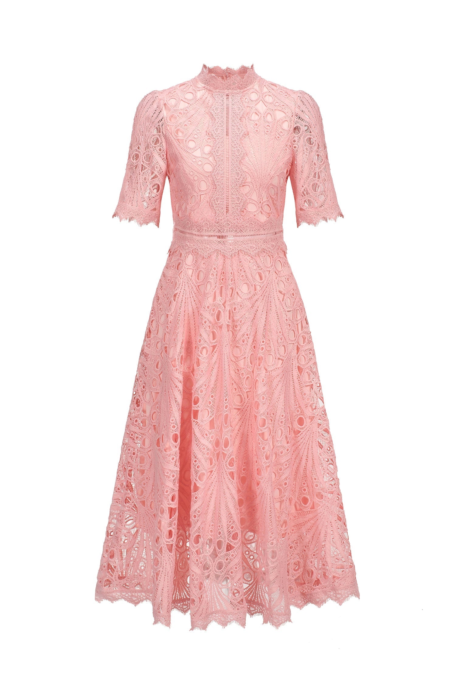 Maisie Pink Lace Midi Dress with Swing Silhouette and Hollow Out Accents
