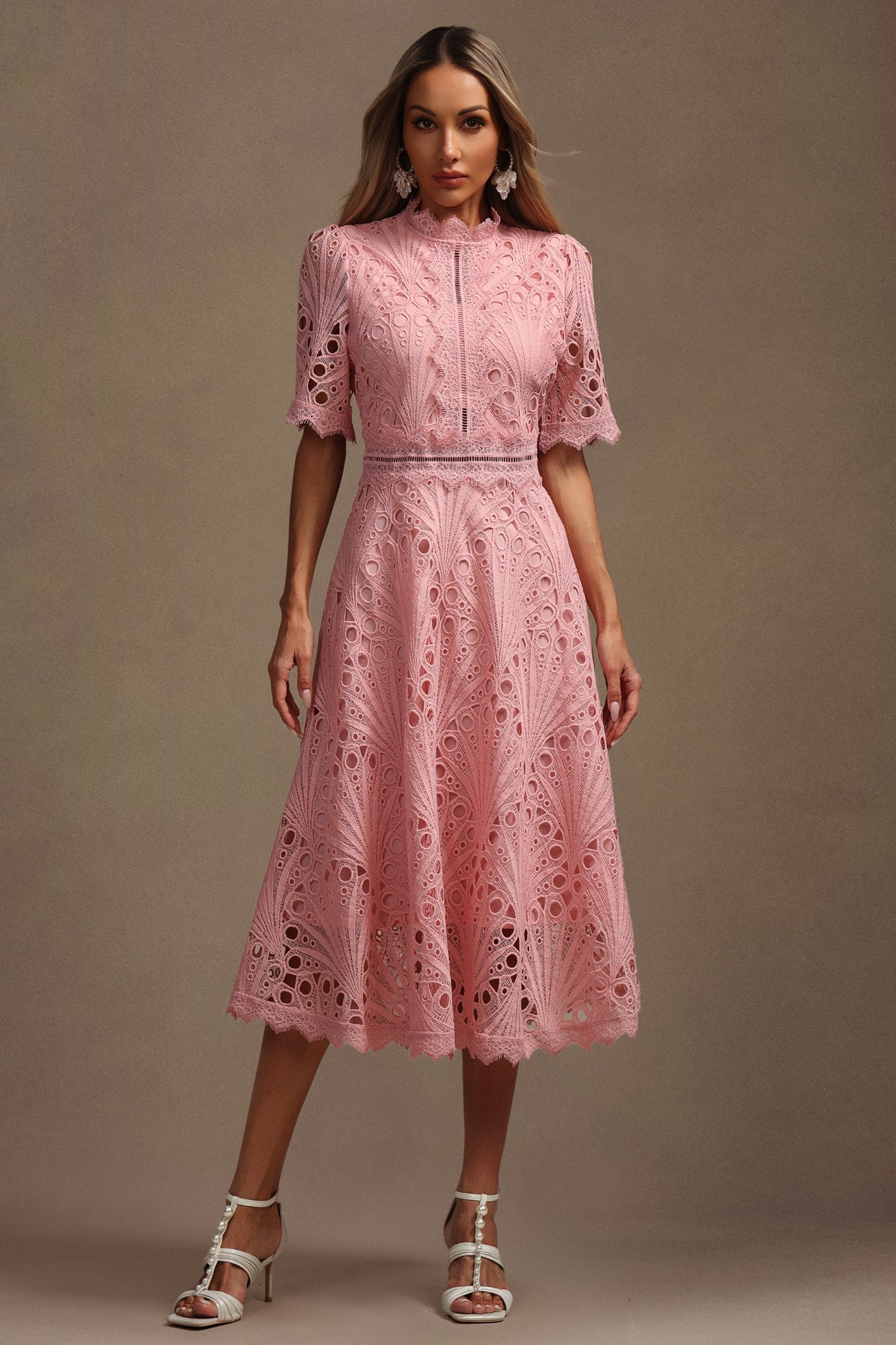 Maisie Pink Lace Swing Midi Dress with High Neck and Hollow Out Accents
