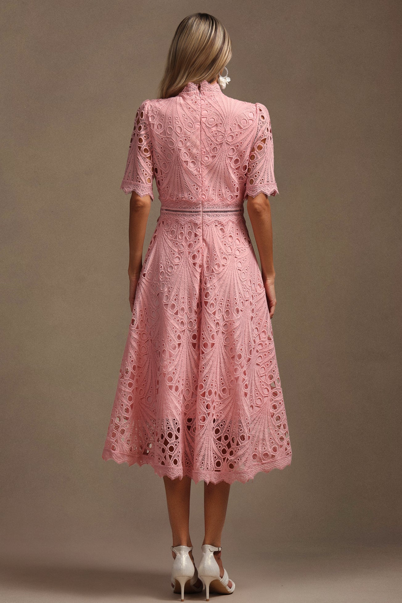 Maisie Pink Lace Swing Midi Dress with High Neckline and Hollow Out Accents