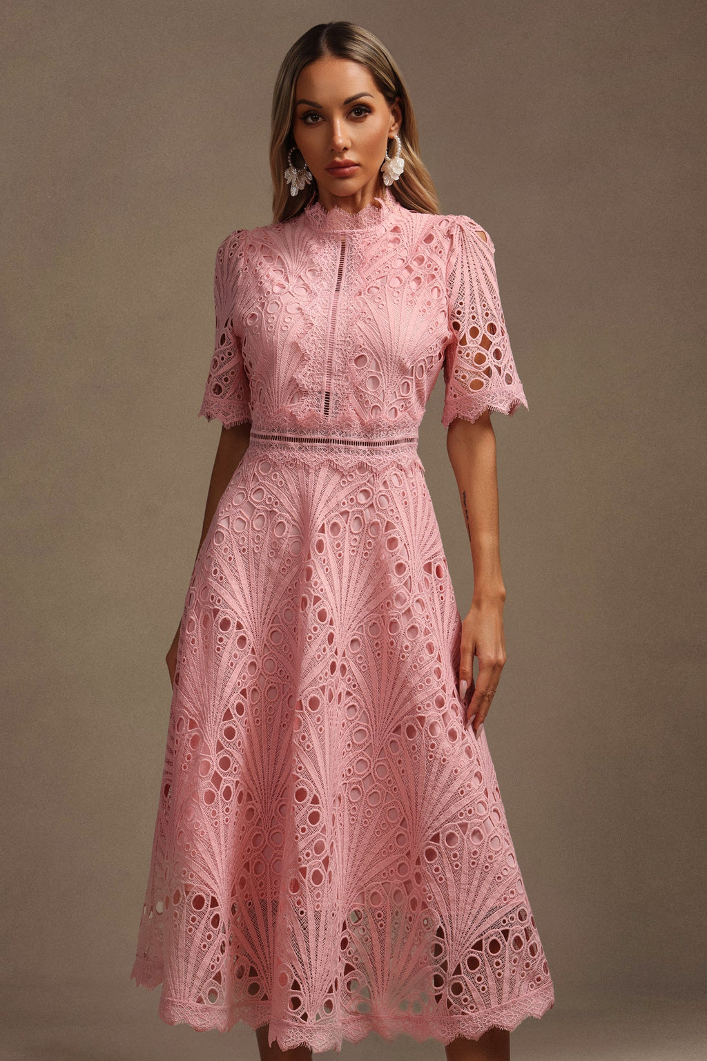 Maisie Pink Lace Swing Midi Dress with High Neckline and Hollow Out Accents
